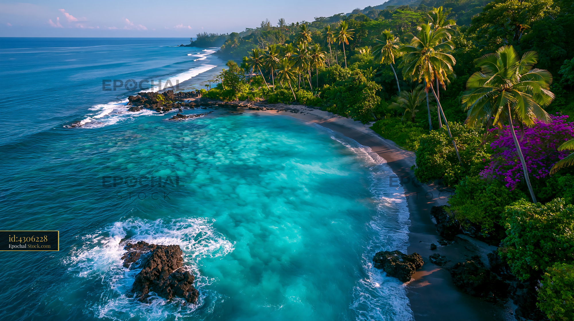 Aerial view of a tropical beach in Samoa with turquoise water - stock photo