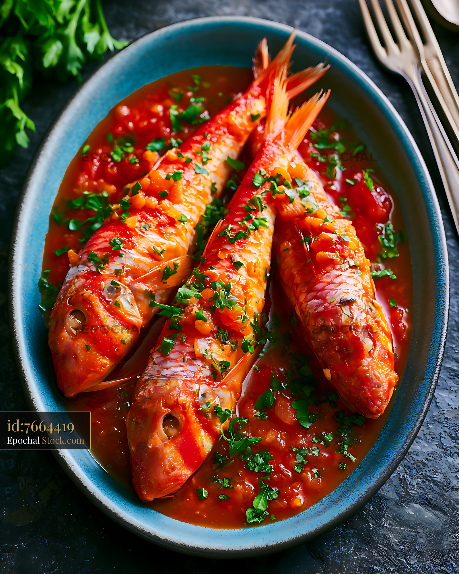 Traditional triglie alla livornese red mullet fish in tomato sauce - stock photo