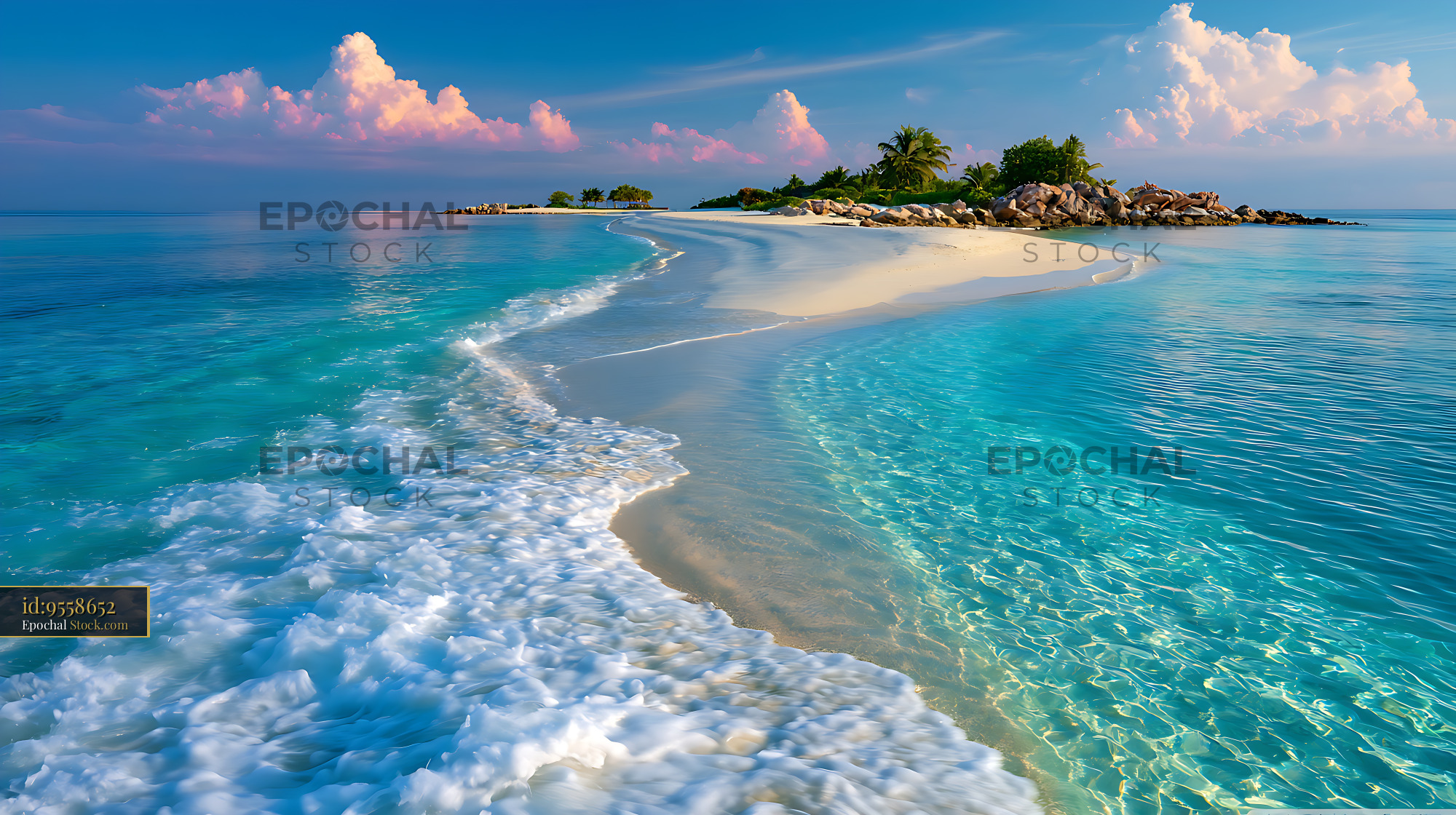 Pristine tropical island sandbar surrounded by turquoise ocean water - stock photo