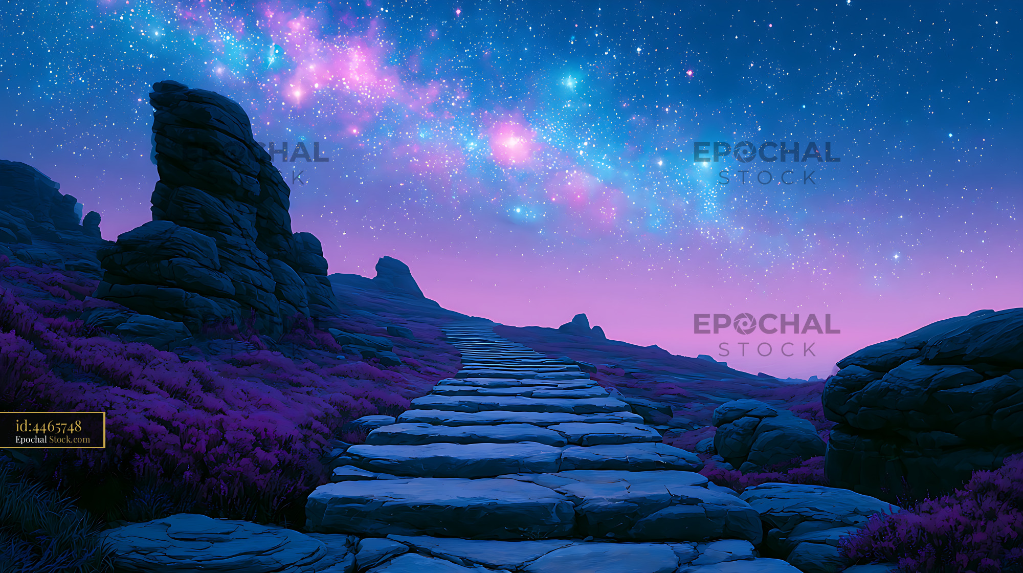 Ancient stone path leading towards a vibrant galaxy in the night sky - stock photo