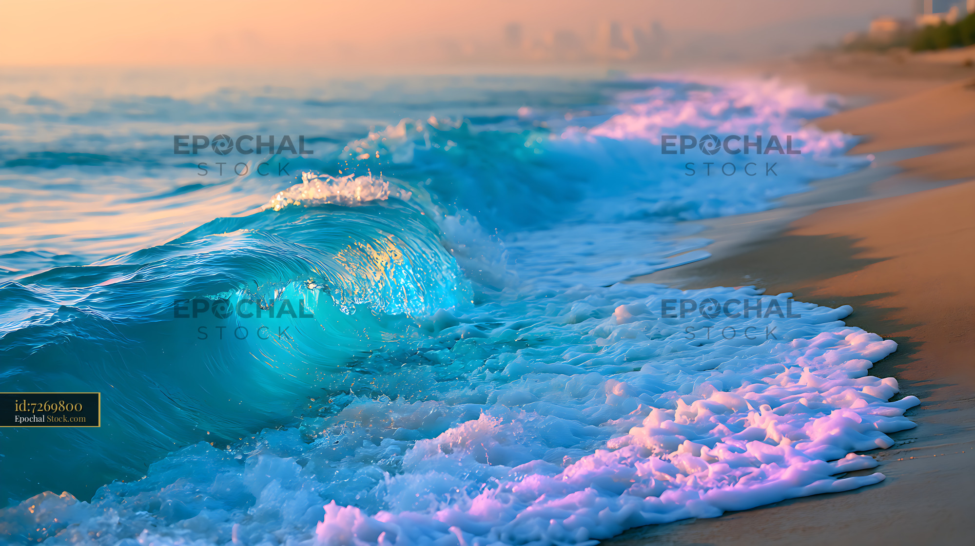 Seashore wave breaking gently on a sandy beach at golden hour - stock photo