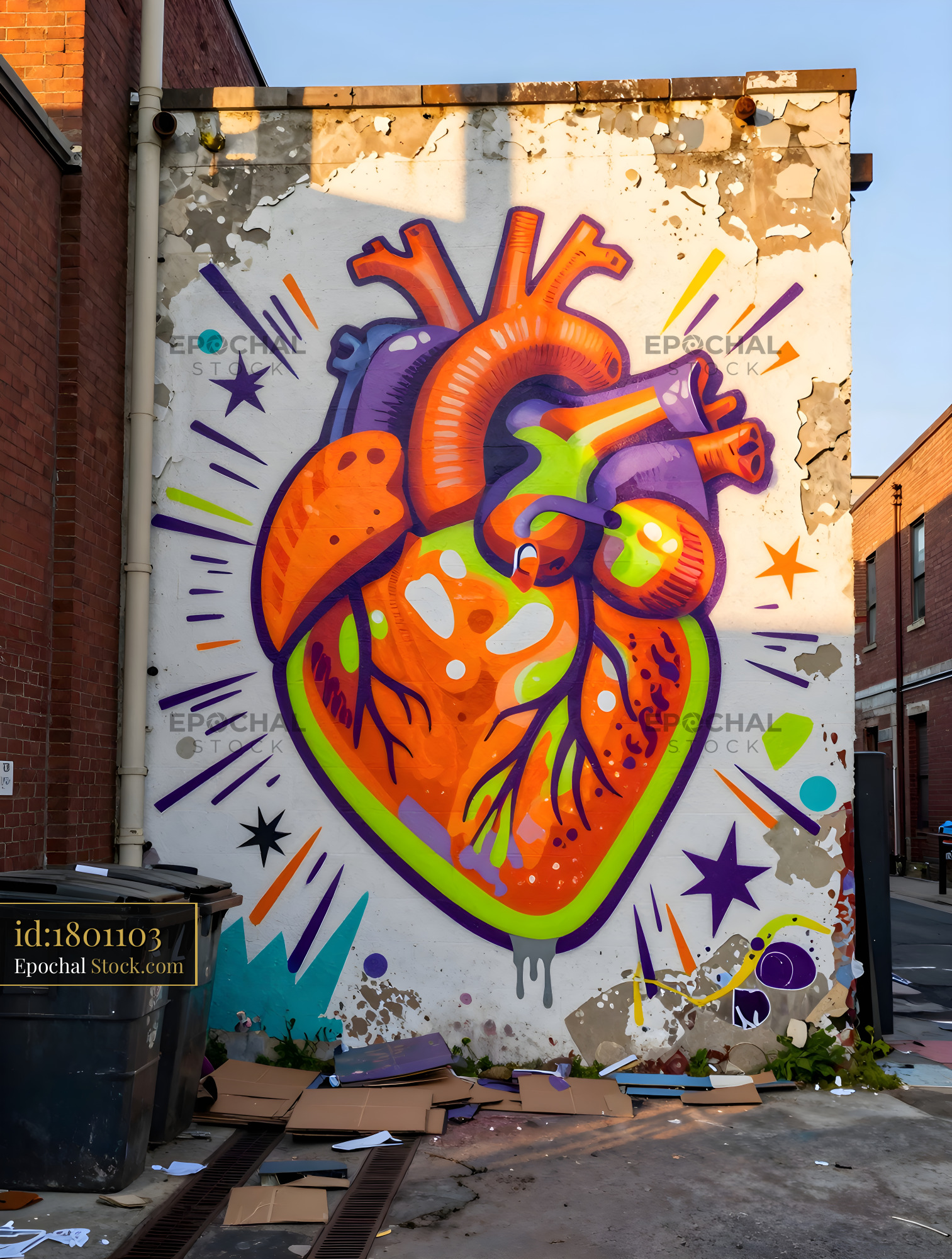 Colorful heart mural on a building wall in a city alley Premium Stock Photo