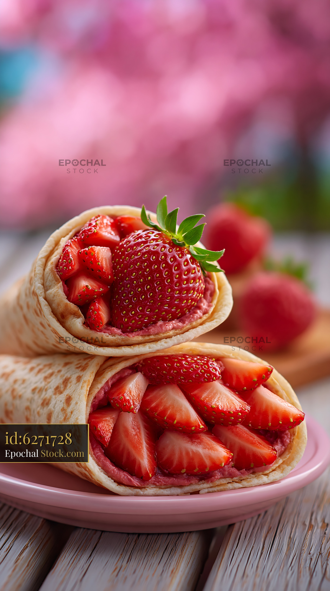 Strawberry dessert wraps with fresh fruit on a plate at a park bench - stock photo