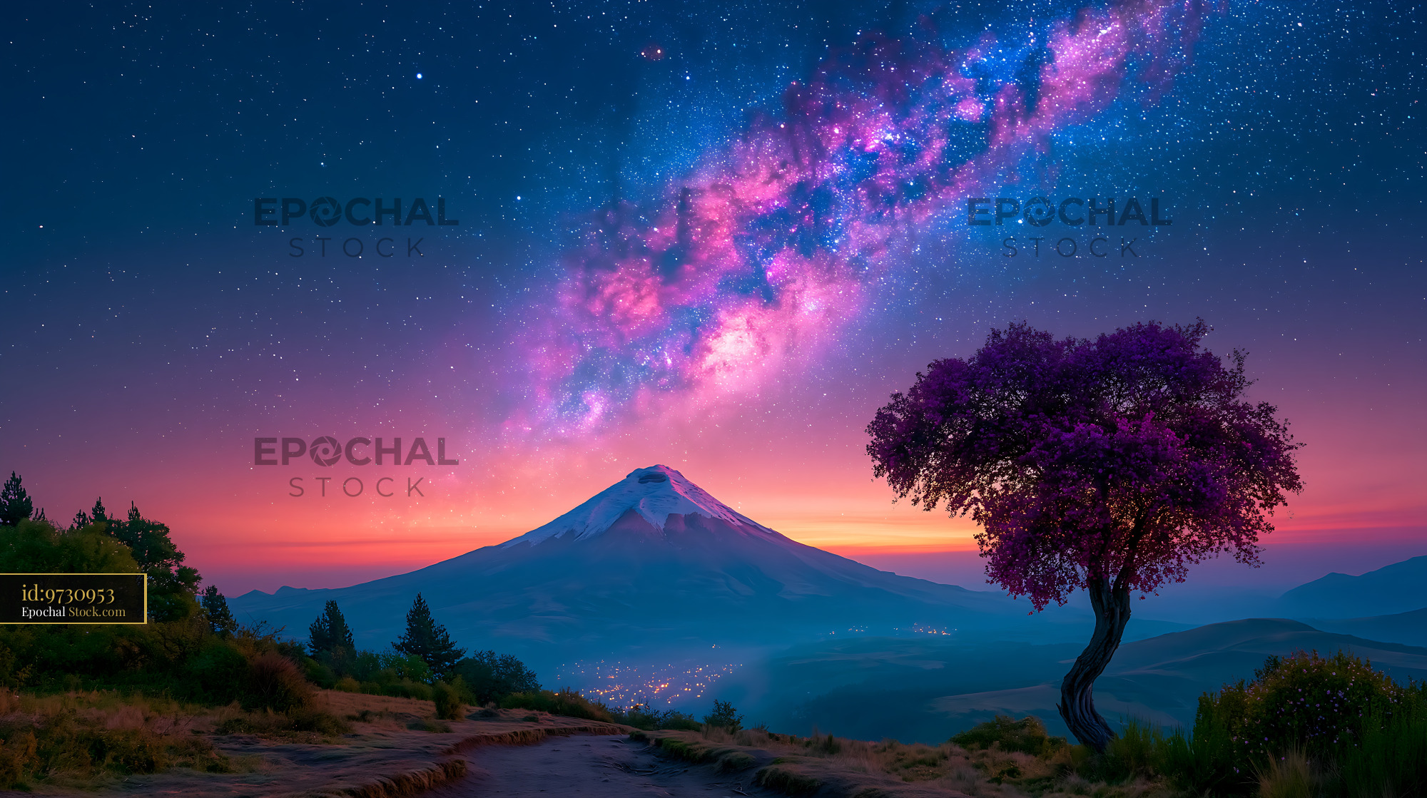 Rainbow mountain night landscape under a vibrant milky way galaxy - stock photo