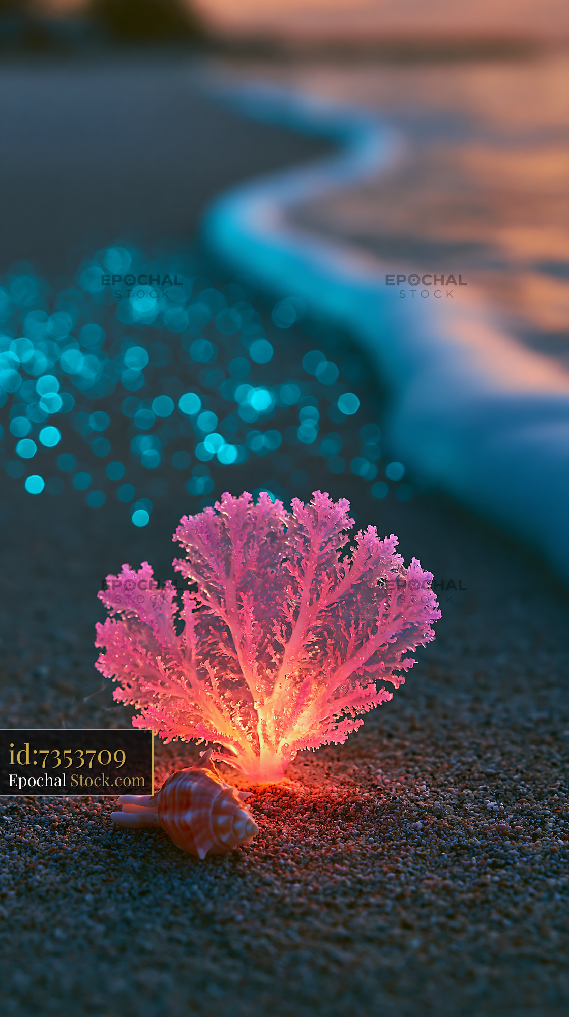 Glowing pink coral and seashell on a bioluminescent beach at dusk
