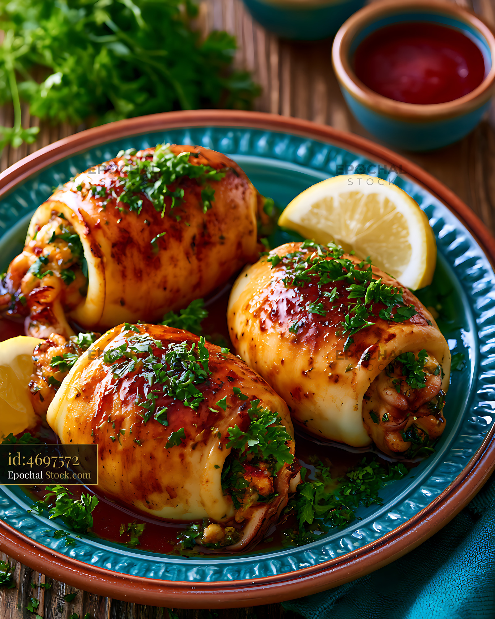 Grilled calamari ripieni stuffed squid with fresh parsley and lemon - stock photo