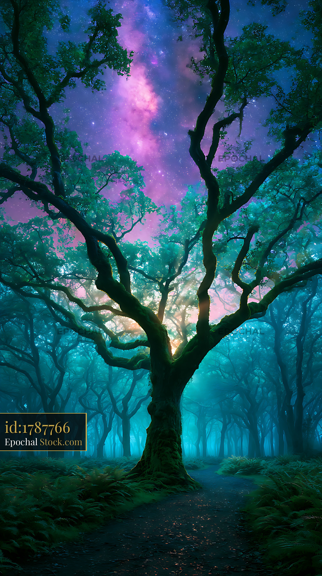 Ancient mossy oak tree under a vibrant galaxy sky in a misty forest - stock photo
