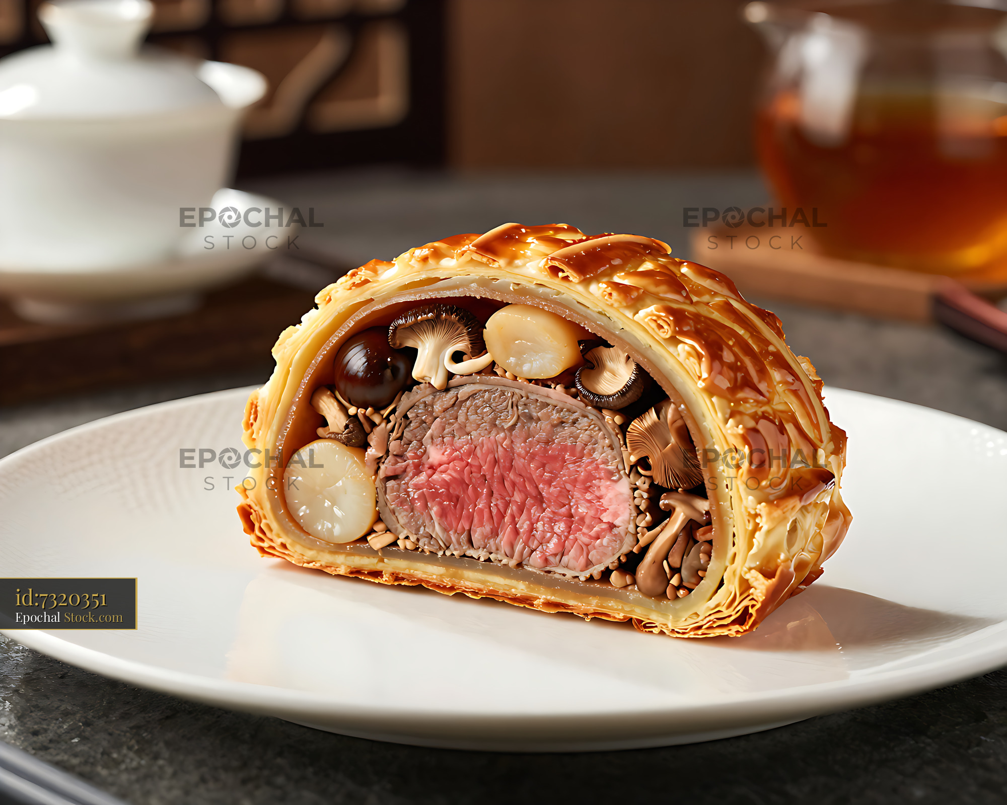 Sliced eight treasure beef wellington chinese-style on a white plate - stock photo