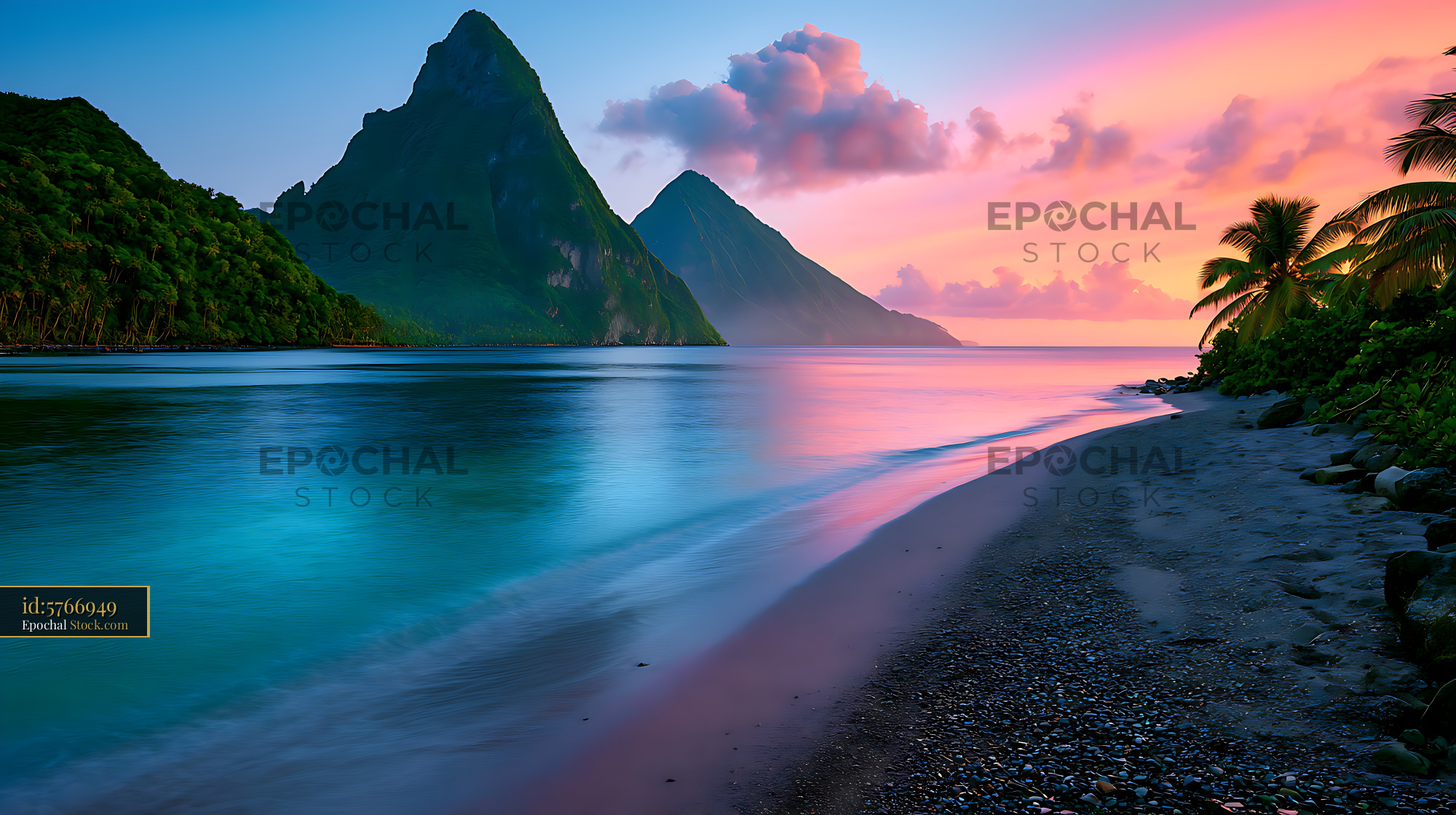 Pitons mountains and volcanic ash shore at sunset in St Lucia - stock photo