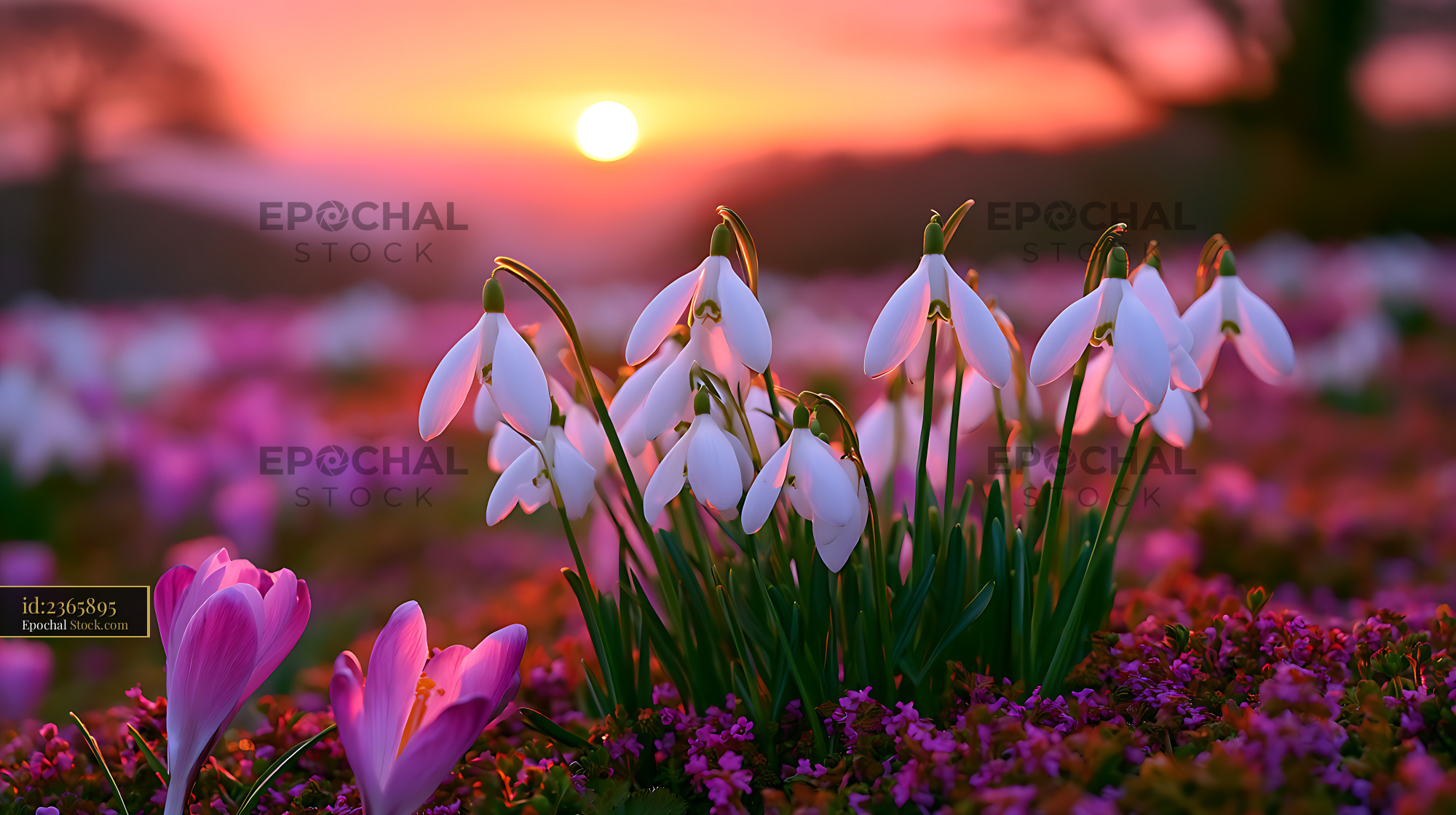 White snowdrops and purple crocuses blooming at dawn in a spring meado - stock photo