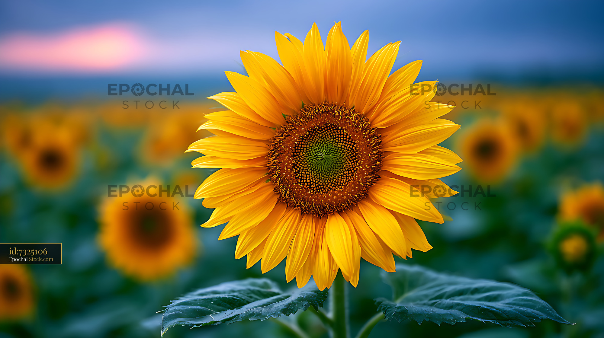 Vibrant sunflower in a field under a moody thunderstorm sky - stock photo