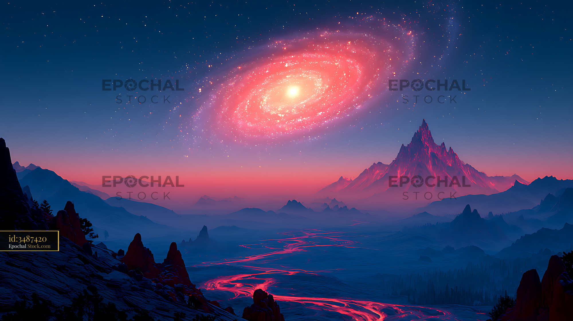 Galactic core shining over a wide volcanic plain at night - stock photo