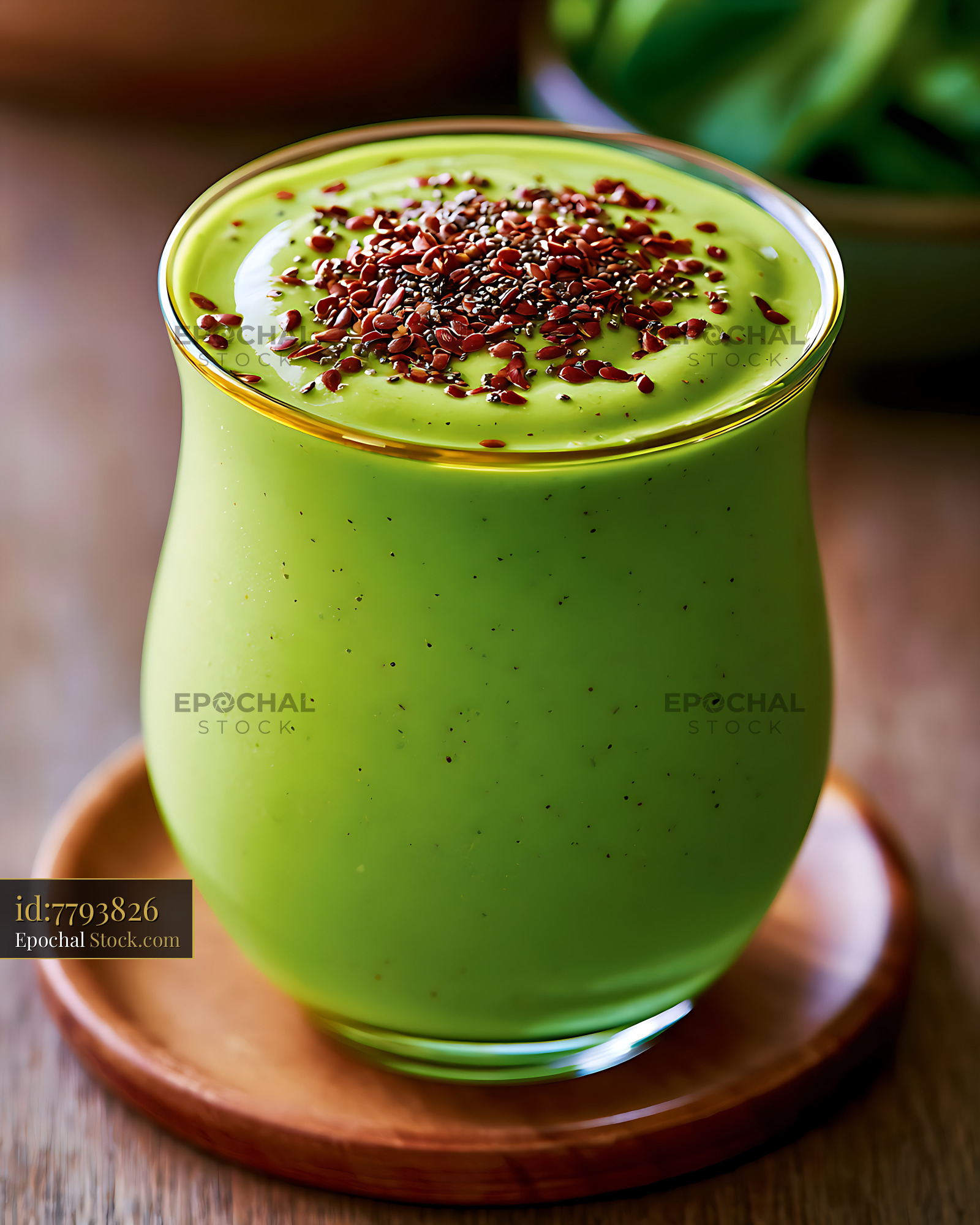 Green omega 3 smoothie with flax and chia seeds on a wooden table - stock photo