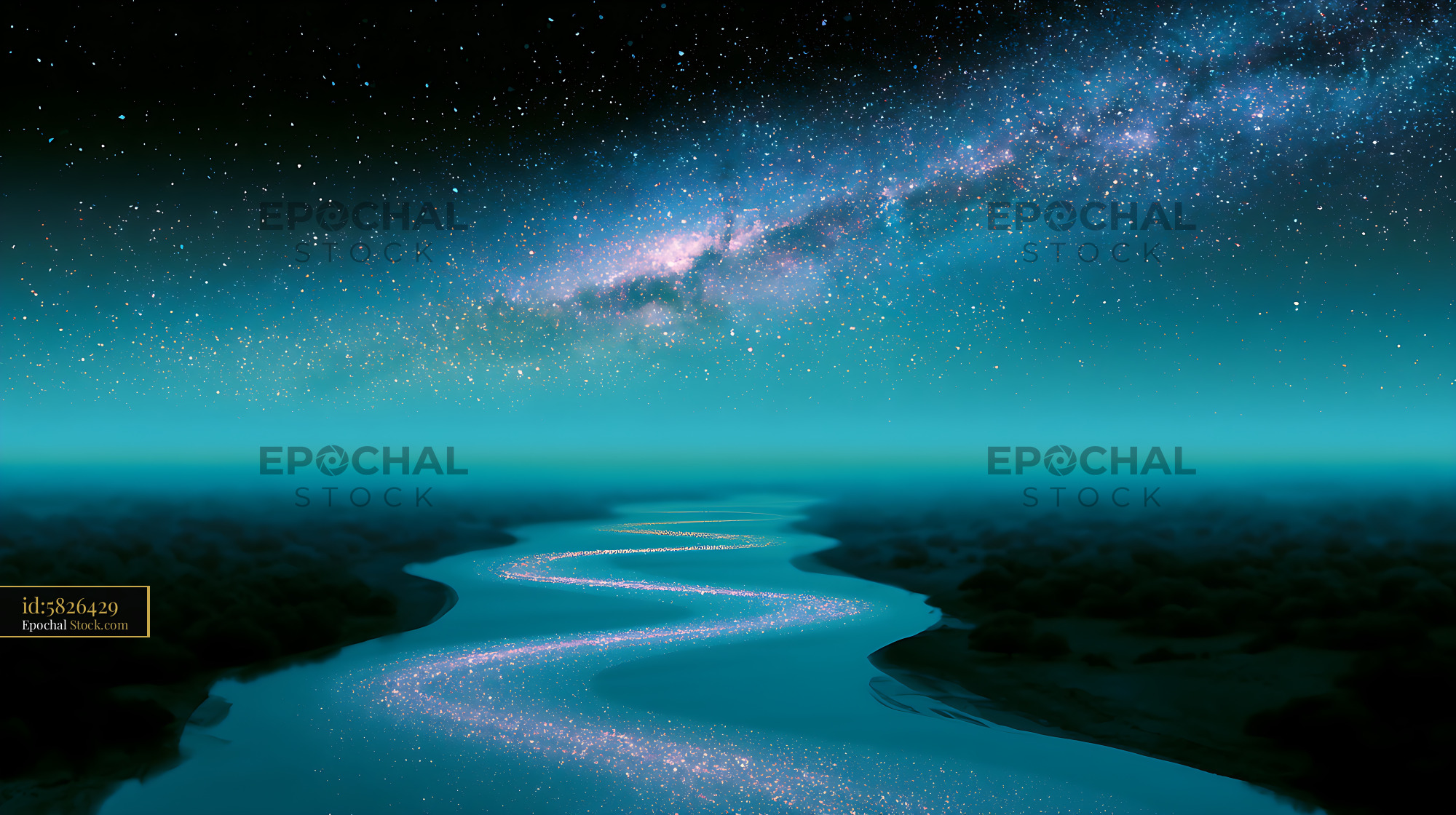 Milky Way galactic core reflecting in a winding river meander curve - stock photo