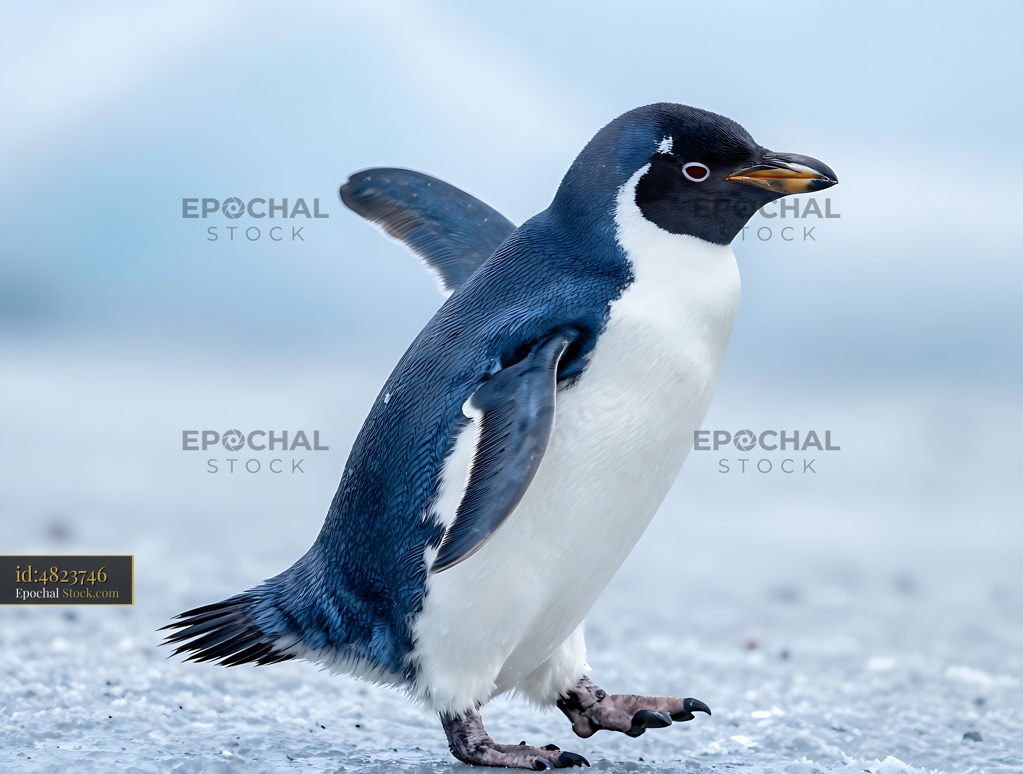 Little blue penguin walking across a frozen icy landscape - stock photo