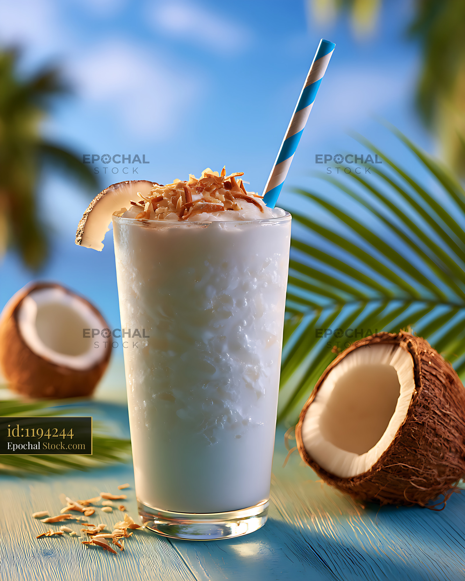 Creamy coconut water smoothie with toasted flakes on a tropical beach - stock photo
