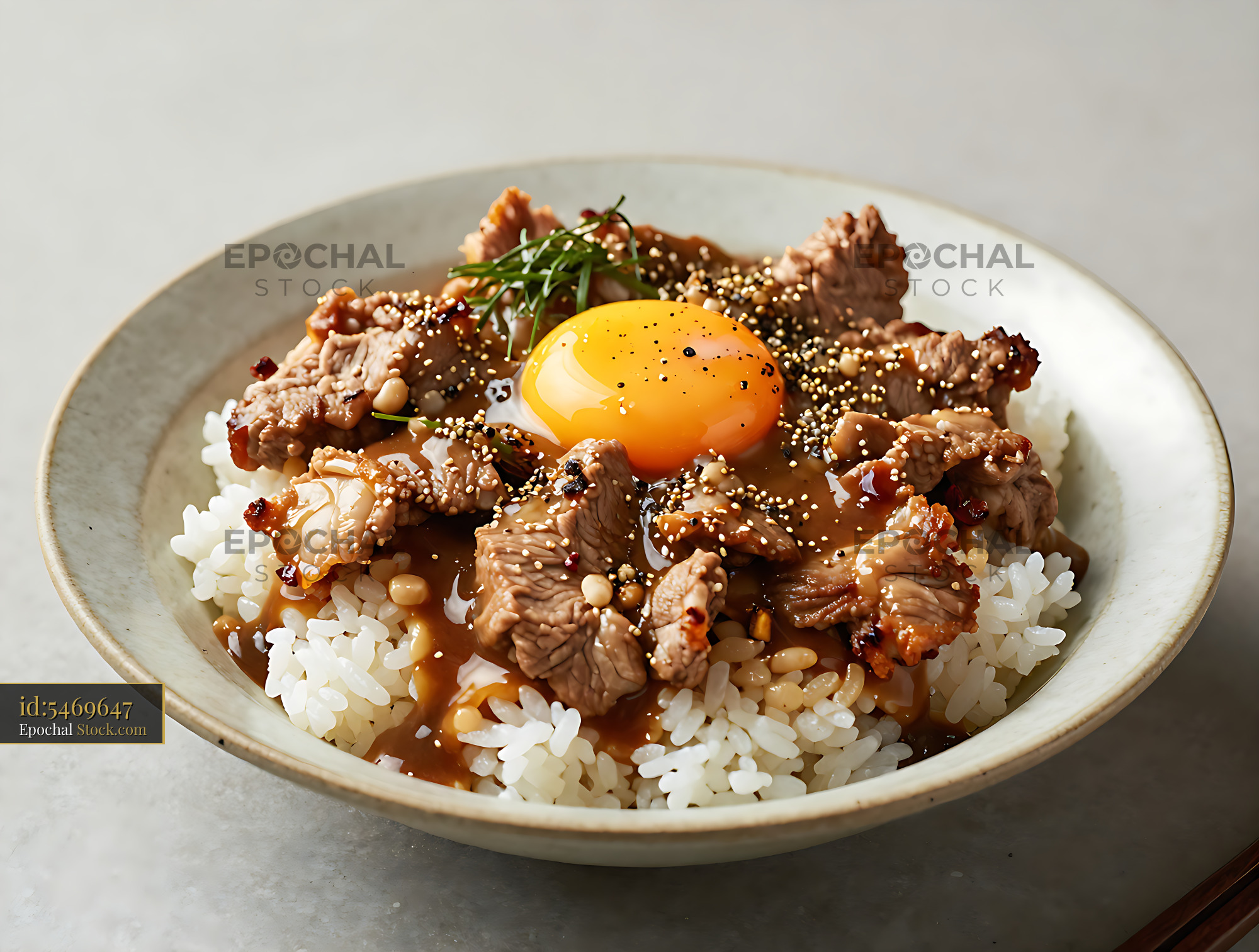 Saitama Buta Miso Don rice bowl with grilled pork and raw egg yolk - stock photo