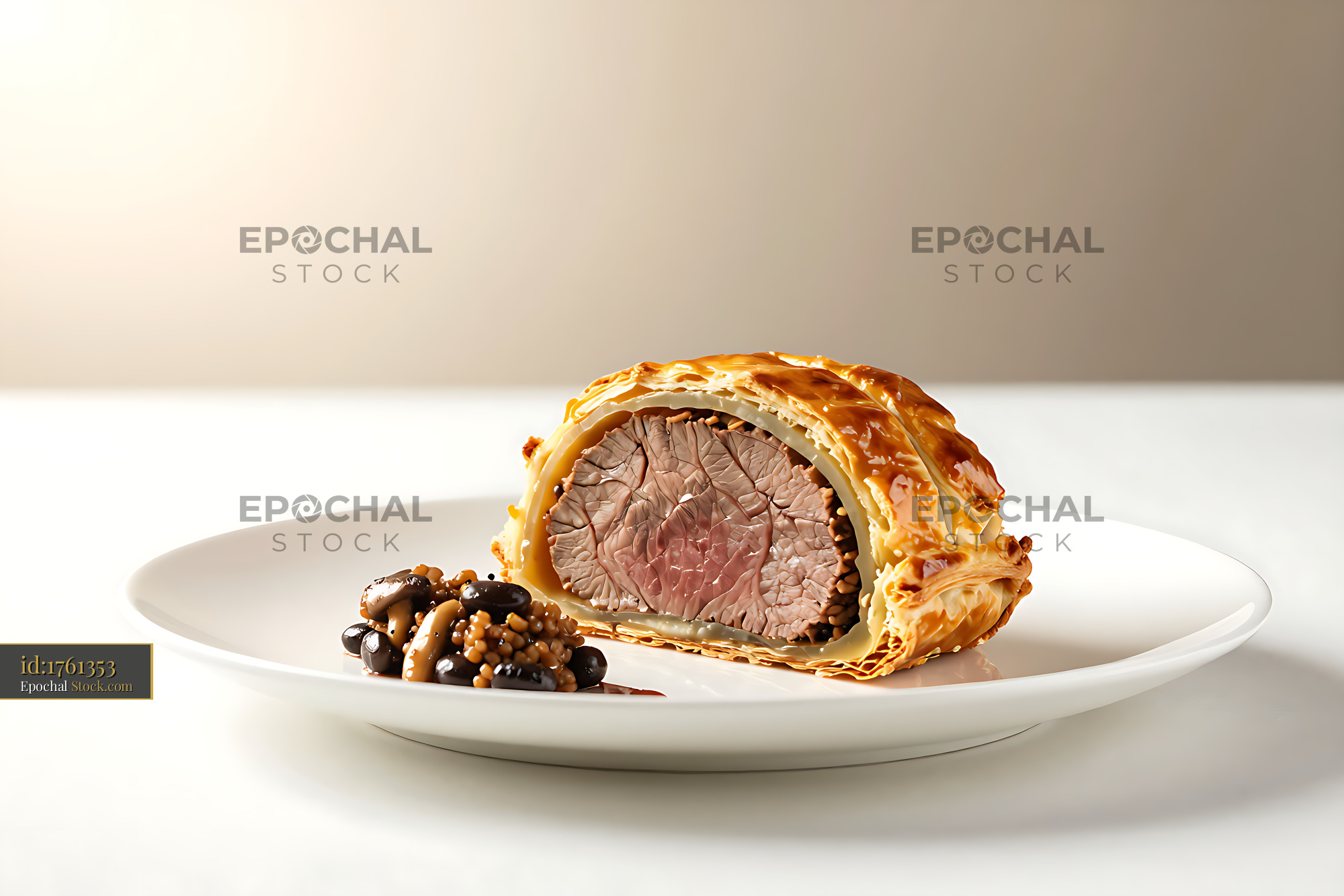 Beef Wellington Cantonese-style with black bean garnish on white plate - stock photo