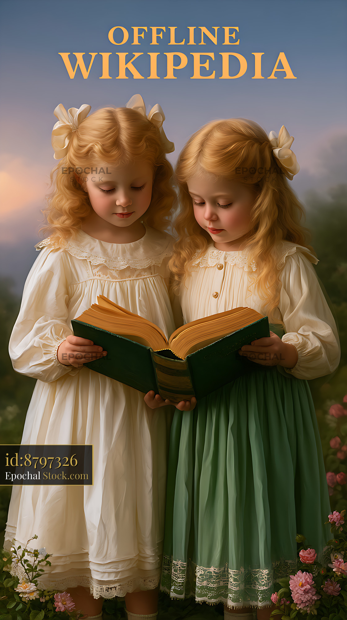 Two young blonde girls reading a kids encyclopedia in a garden - stock photo