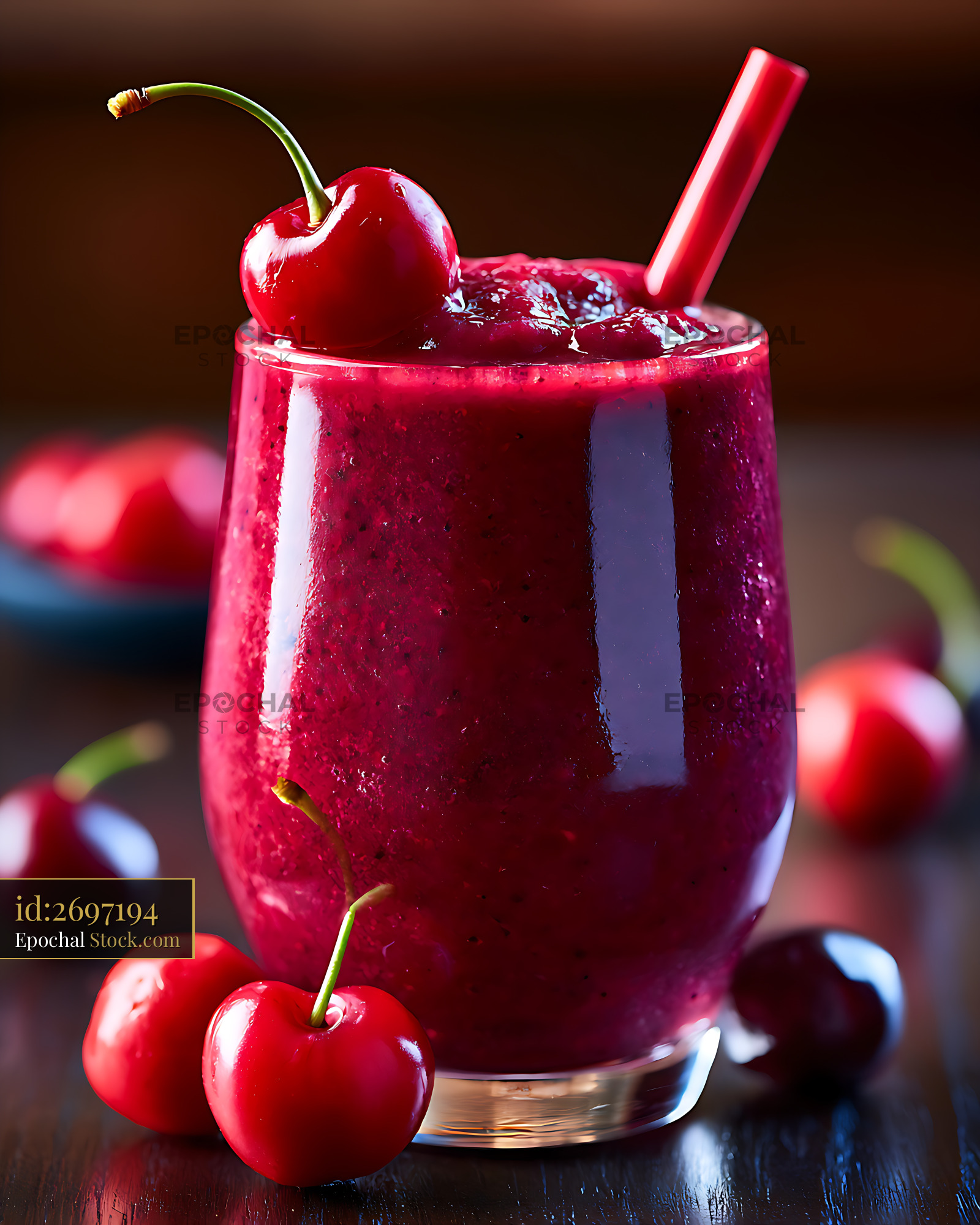 Black cherry smoothie with straw and fresh berries on dark table - stock photo