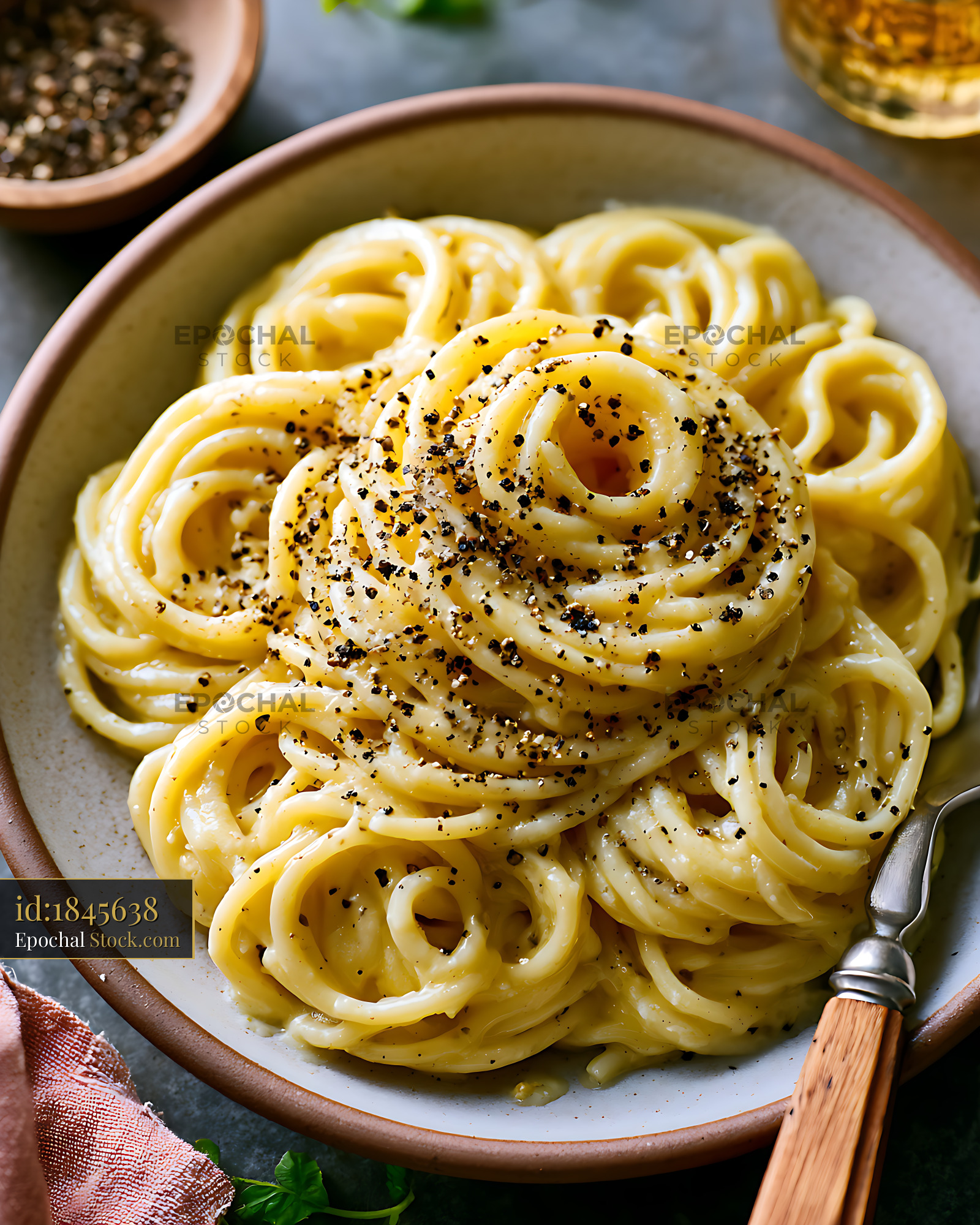 Classic cacio e pepe roman pasta with pecorino and black pepper - stock photo