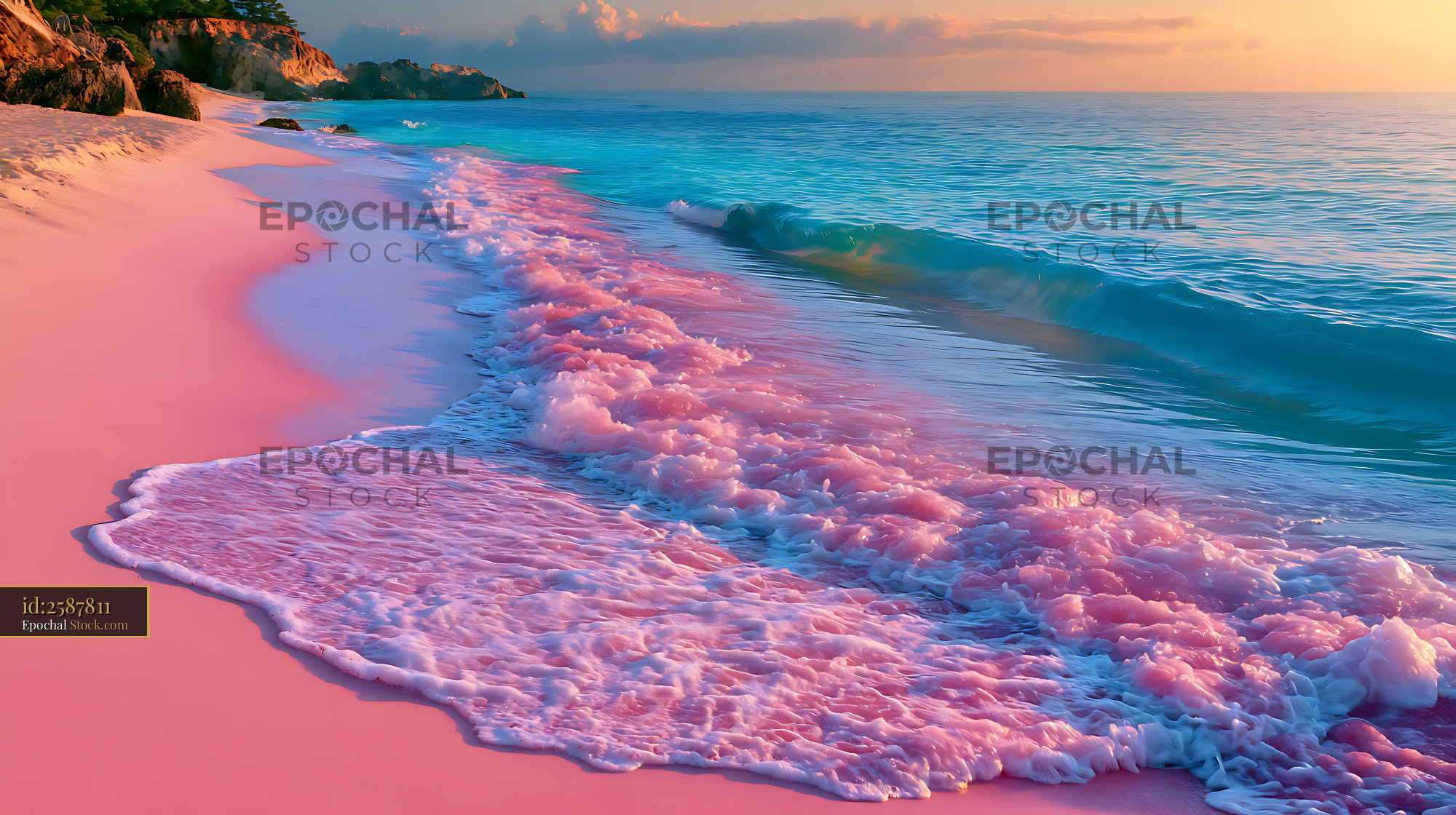 Coral pink sand crescent beach at sunset with turquoise ocean waves