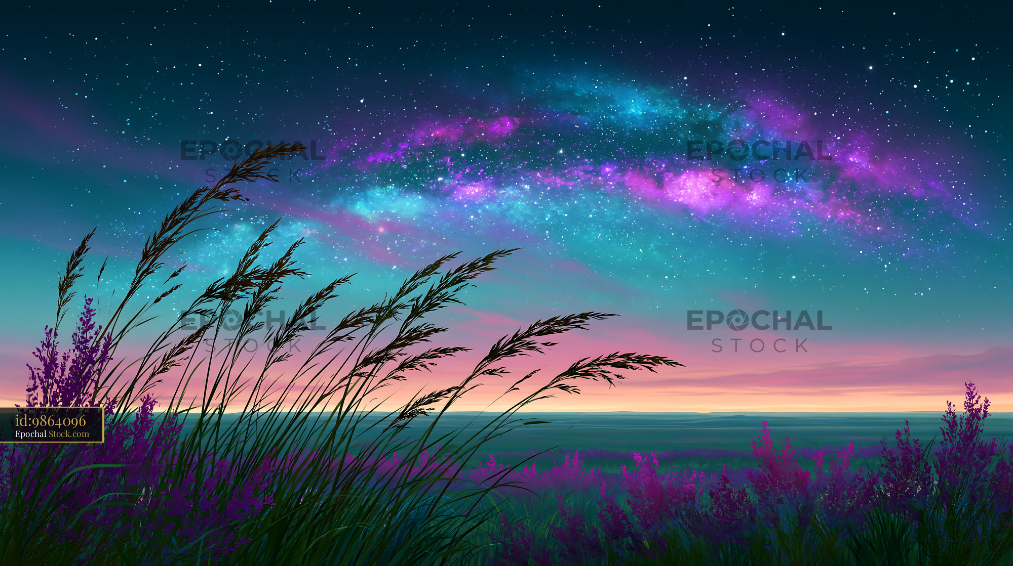 Milky Way over a serene Tibet lake at night with tall grass - stock photo