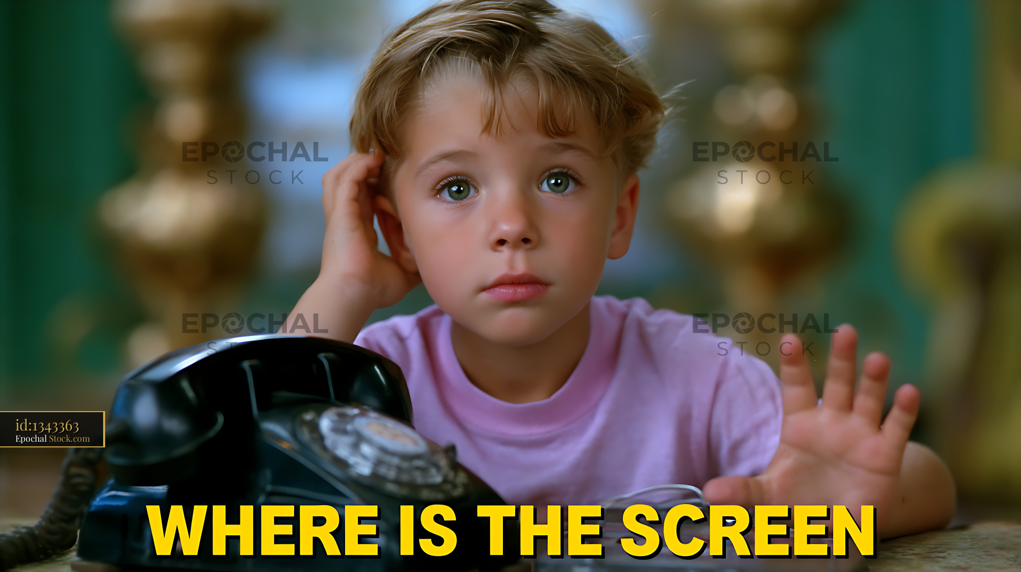 Young boy looking confused at a vintage black rotary phone - stock photo