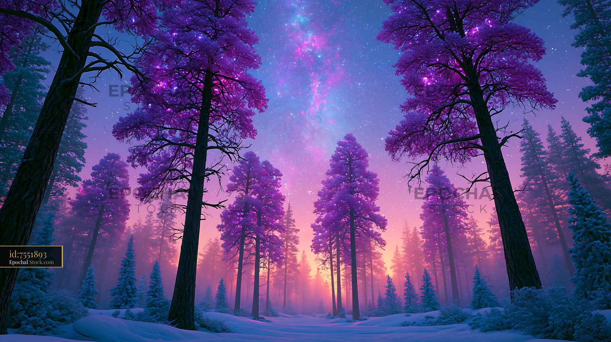 Carpathian forest night with purple pine trees under a starry sky - stock photo