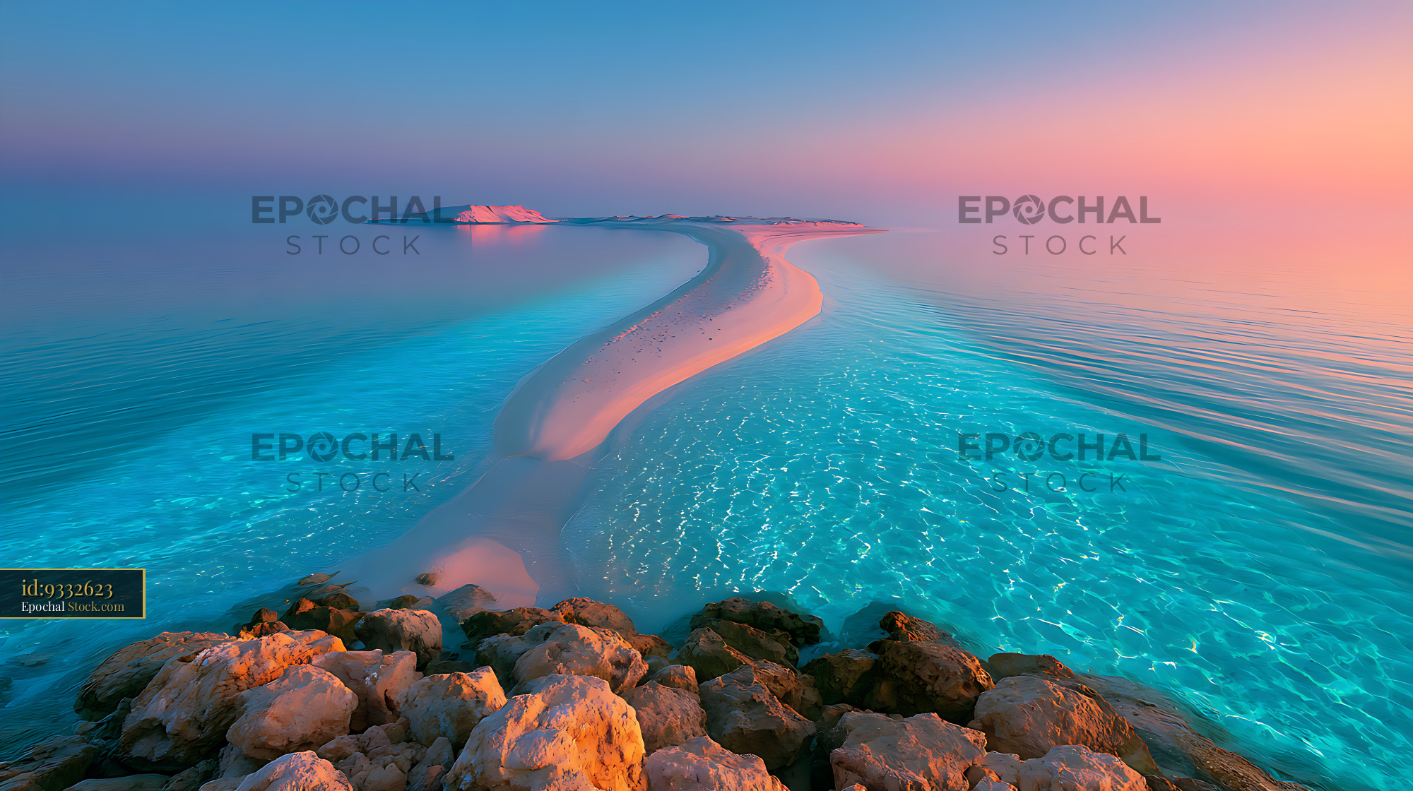 Coastal sand spit reaching into turquoise ocean at sunset - stock photo