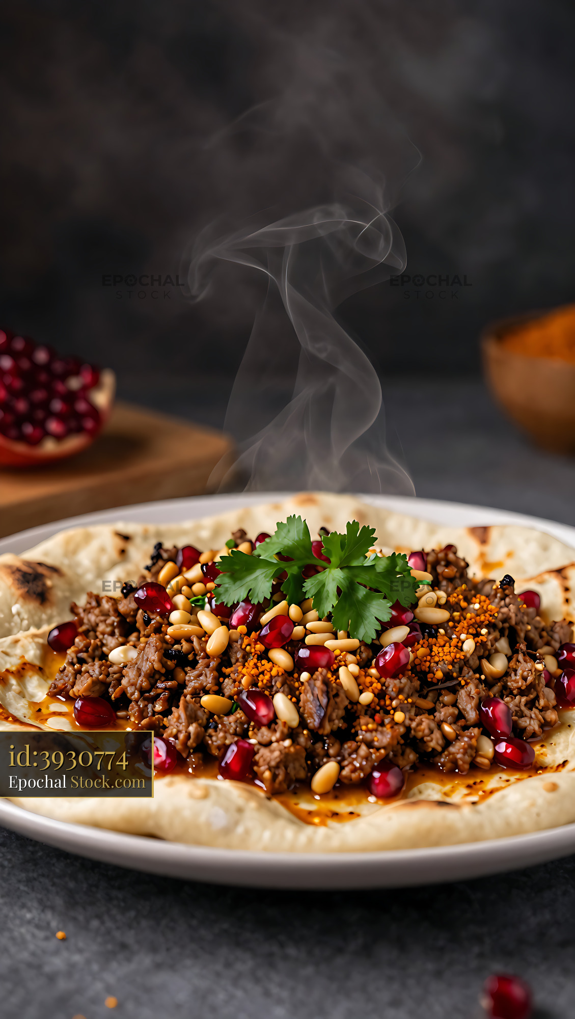 Steaming Iraqi-style Lahm Bi Ajeen with pomegranate and pine nuts - stock photo