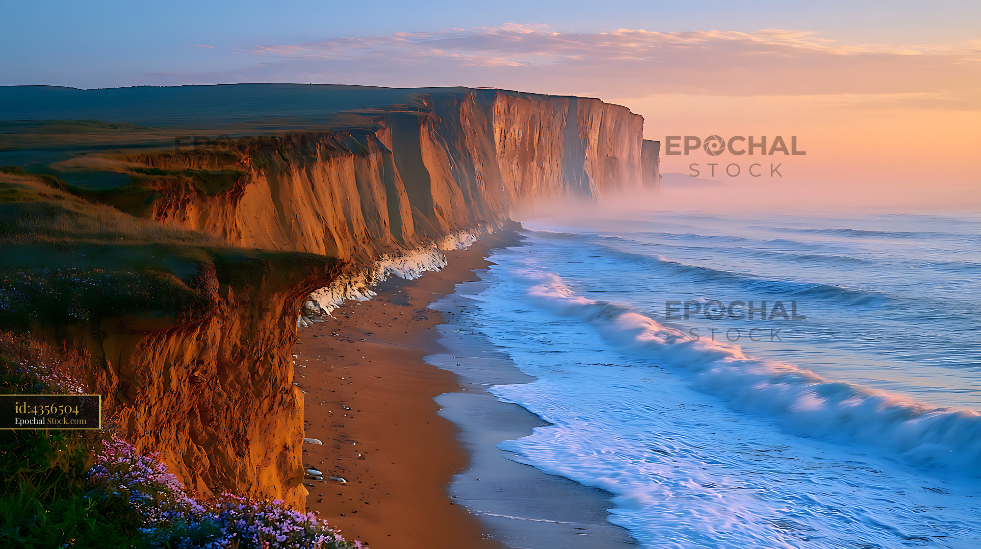 Dramatic coastal cliffs and sandy beach at sunset with ocean mist - stock photo