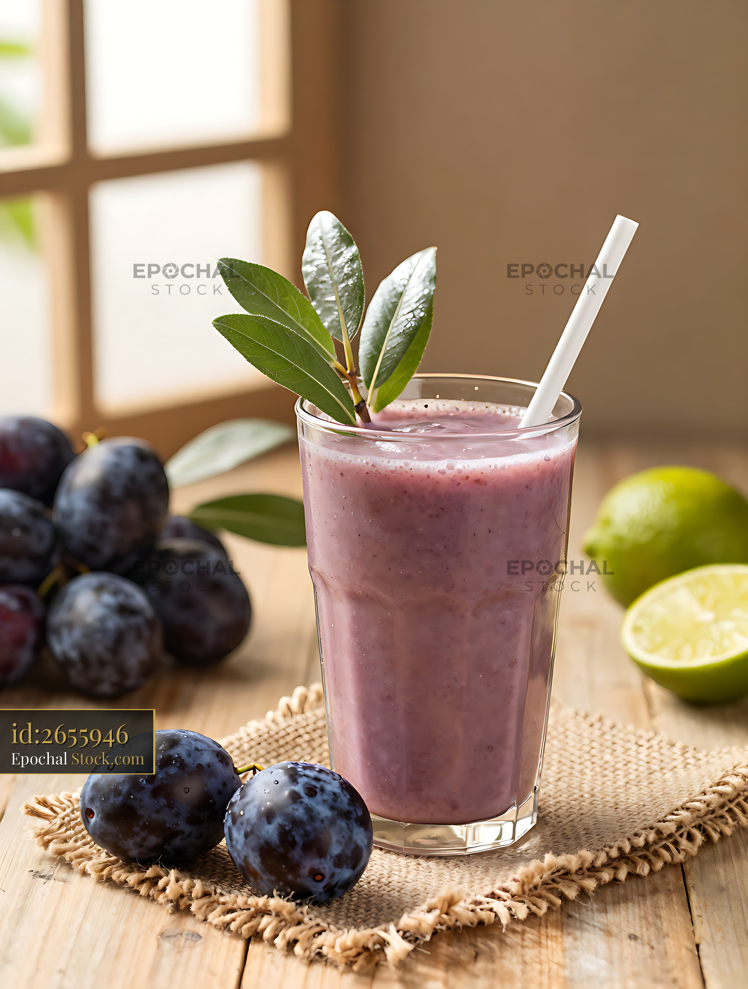 Purple kakadu plum smoothie with fresh plums and lime on rustic table - stock photo