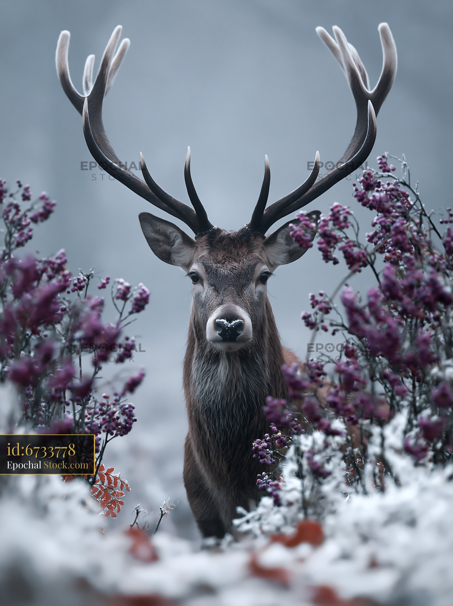 Red deer stag with large antlers in a misty winter forest