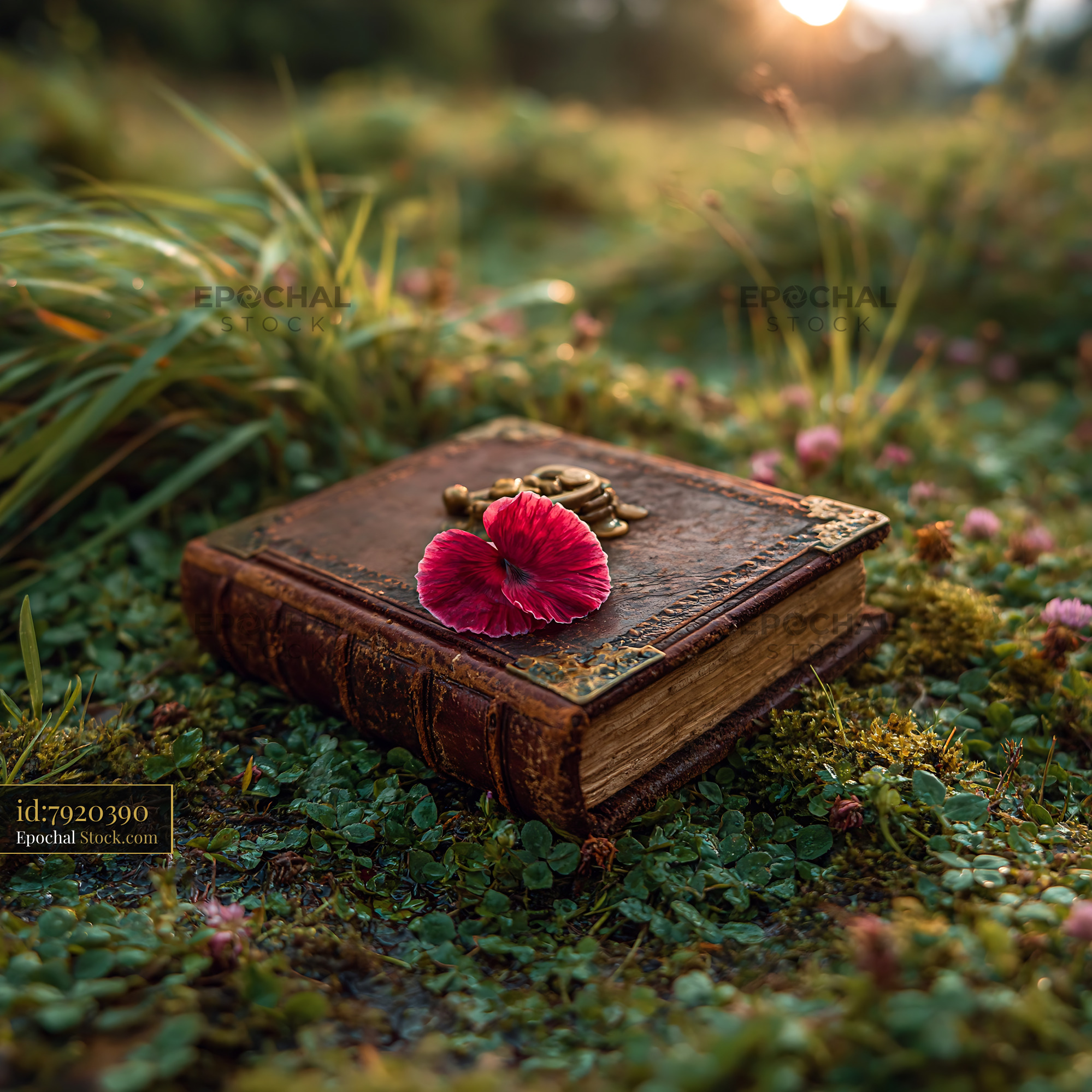 Vintage leather journal on a mossy meadow floor with a red flower