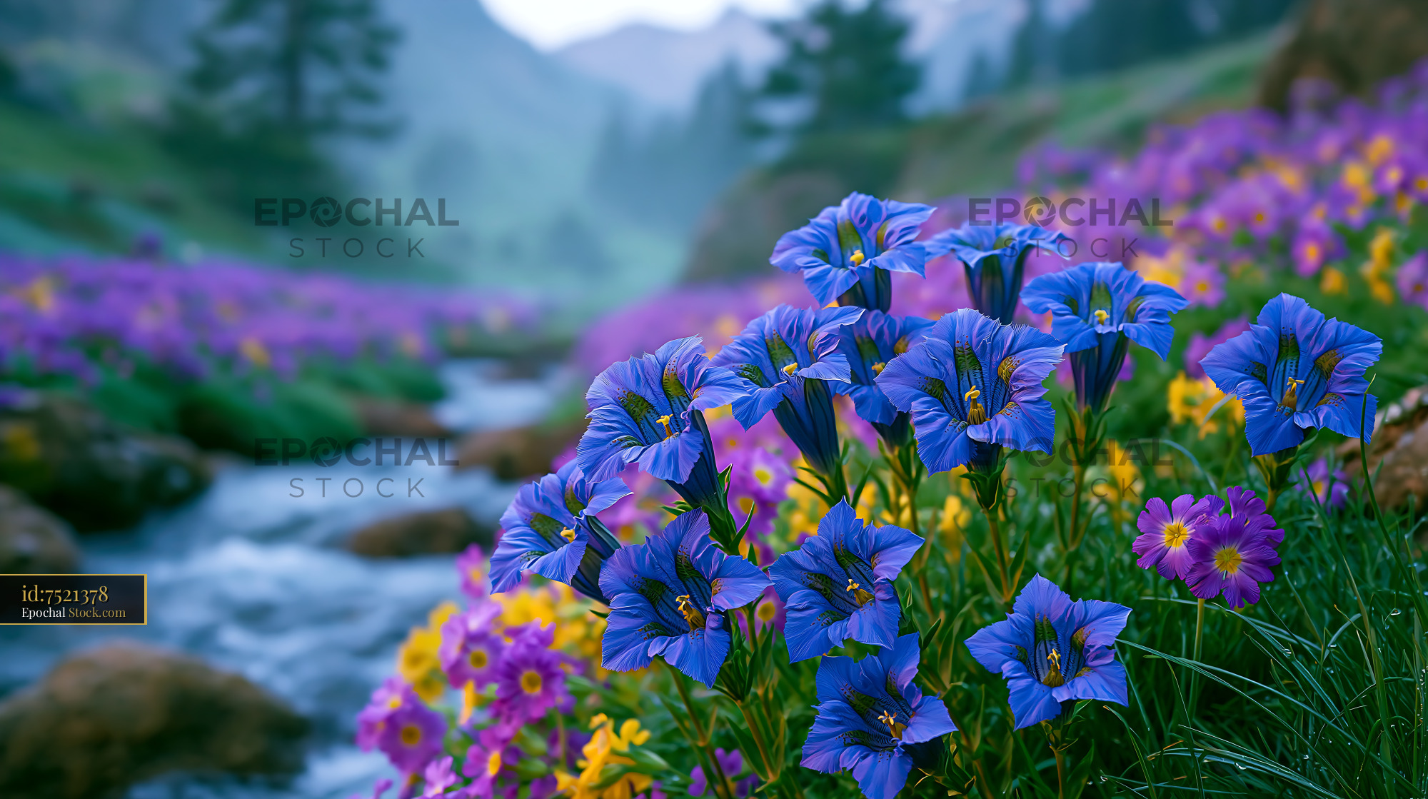 Vibrant blue flowers in a korean cosmos field by a mountain stream - stock photo
