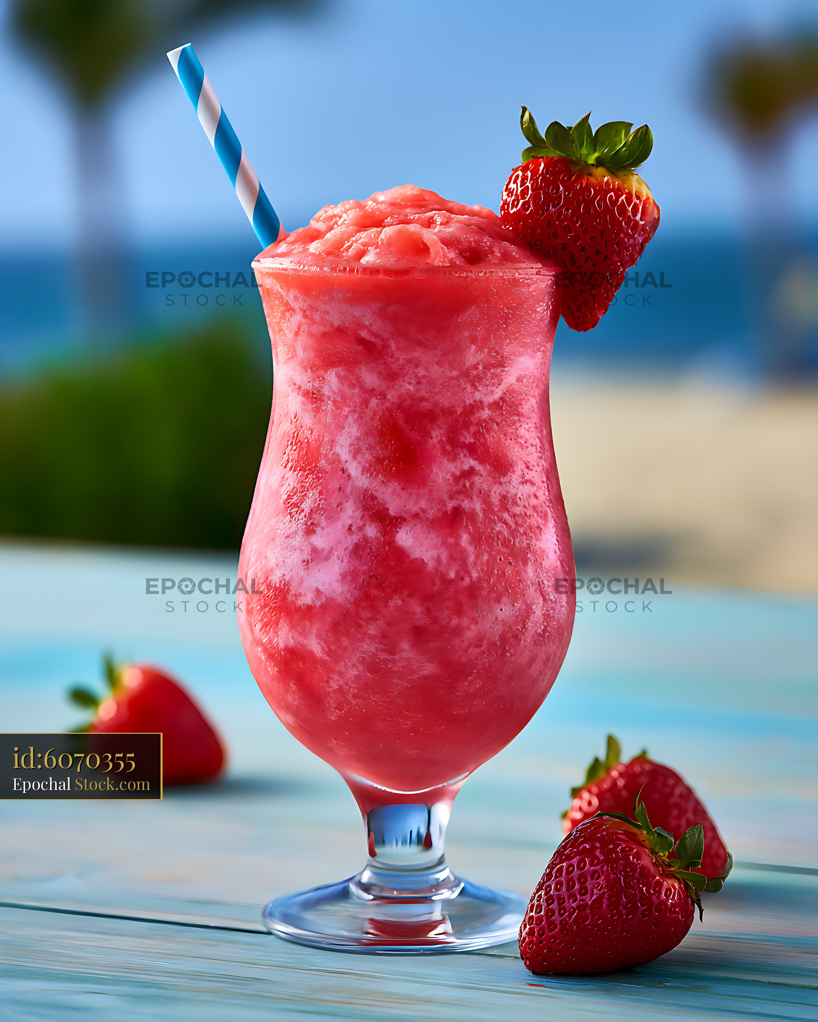 Strawberry daiquiri milkshake with fresh fruit on a tropical beach - stock photo