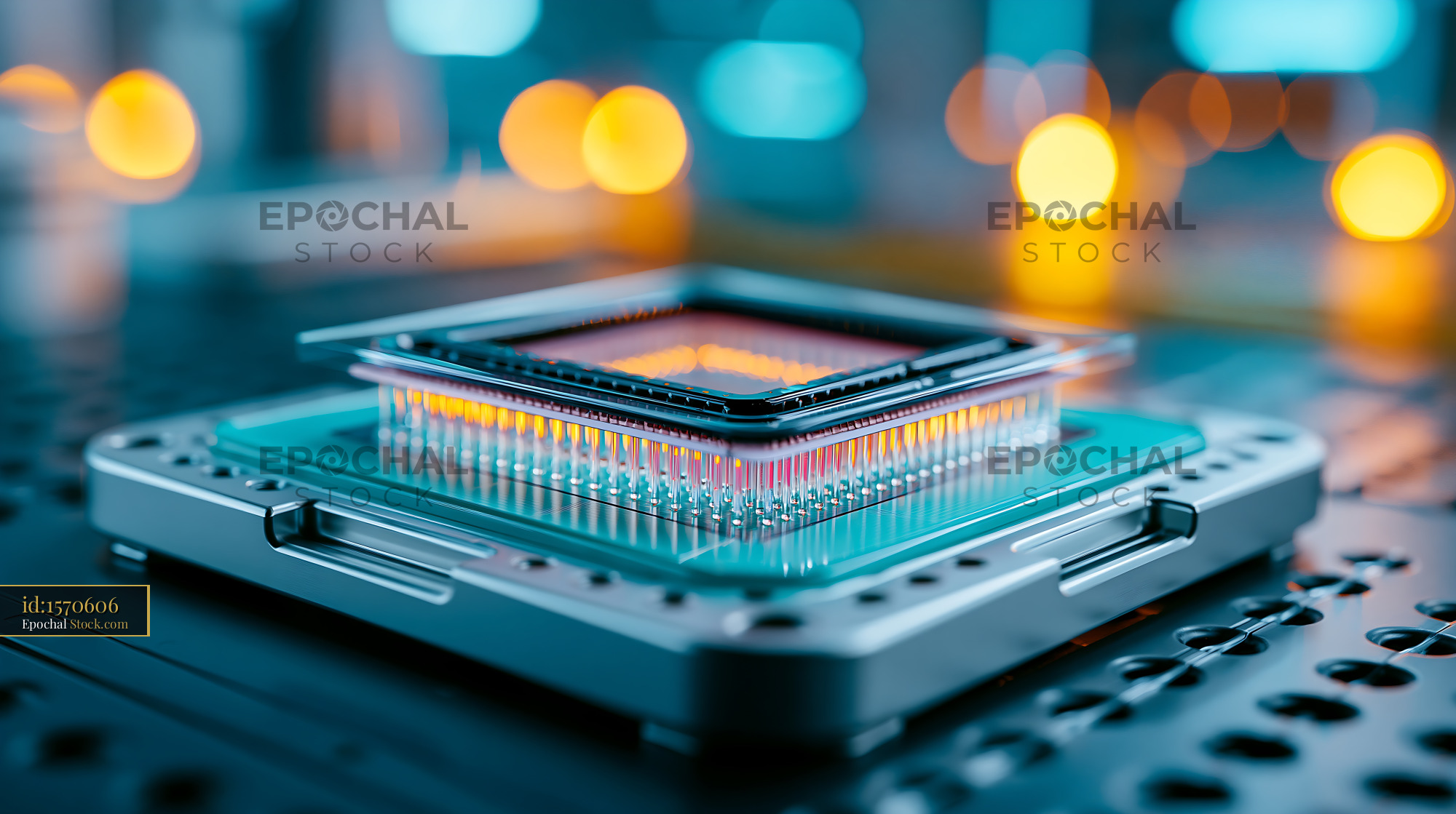 Microchip sensor of an automated patch clamp workstation in a lab - stock photo