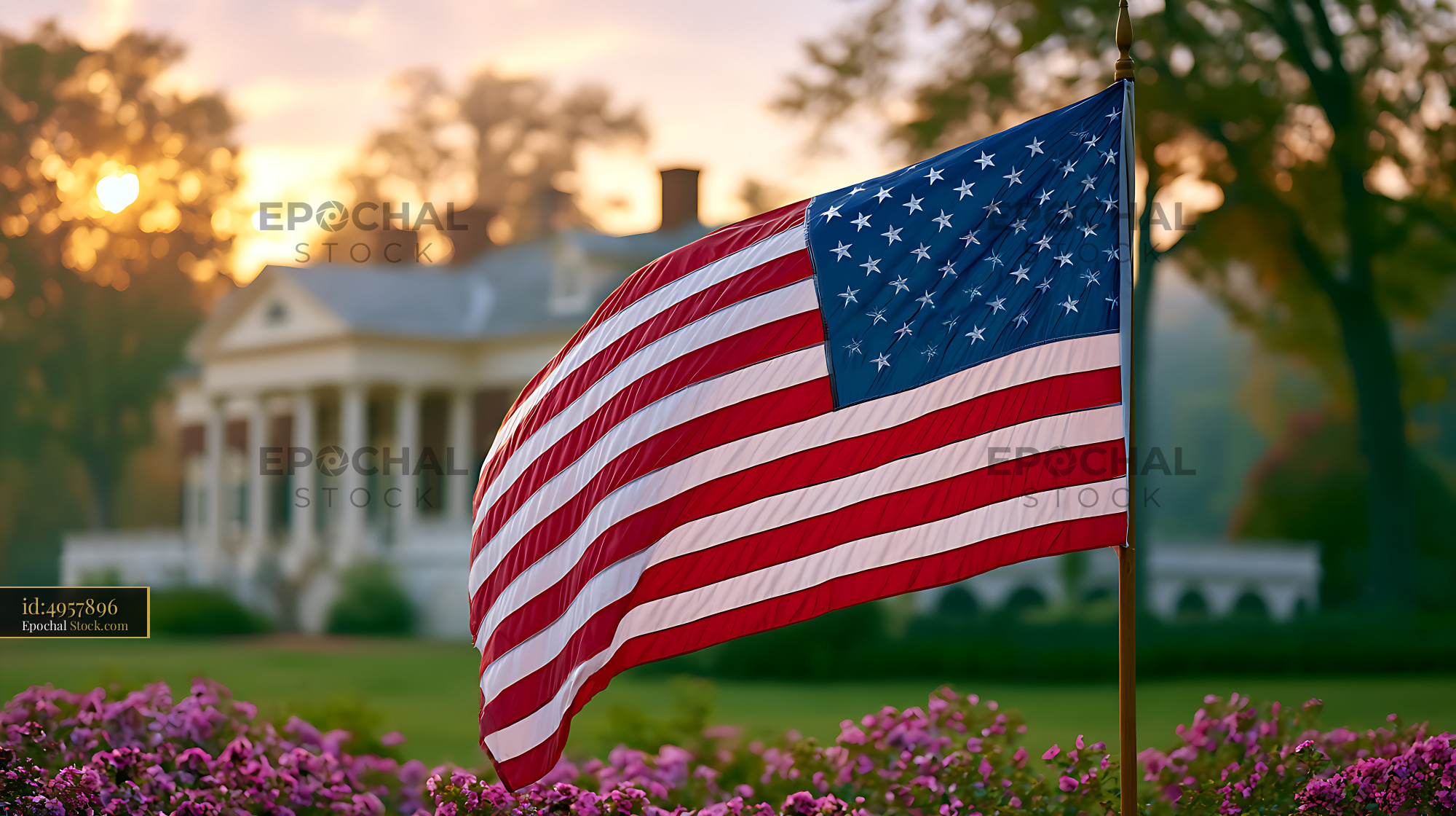 American flag waving in front of Mount Vernon estate at sunrise - stock photo