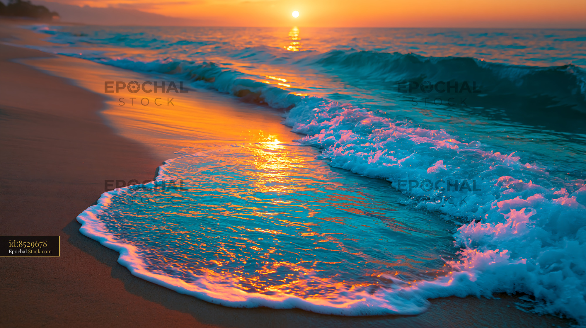Golden sunset shimmer on ocean waves washing onto a sandy beach - stock photo