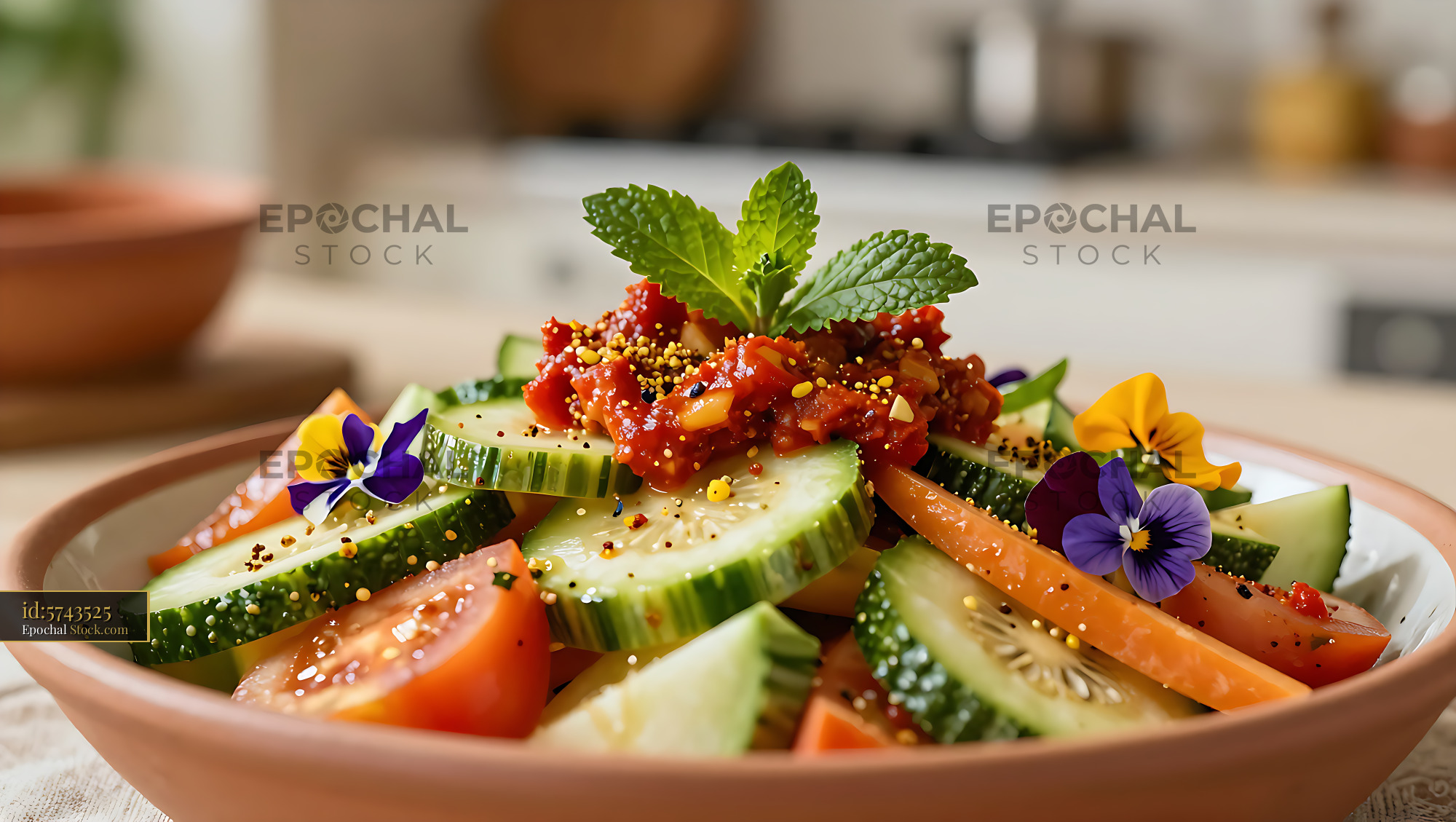Fresh Libyan sharmoula salad with sliced cucumbers and tomatoes - stock photo