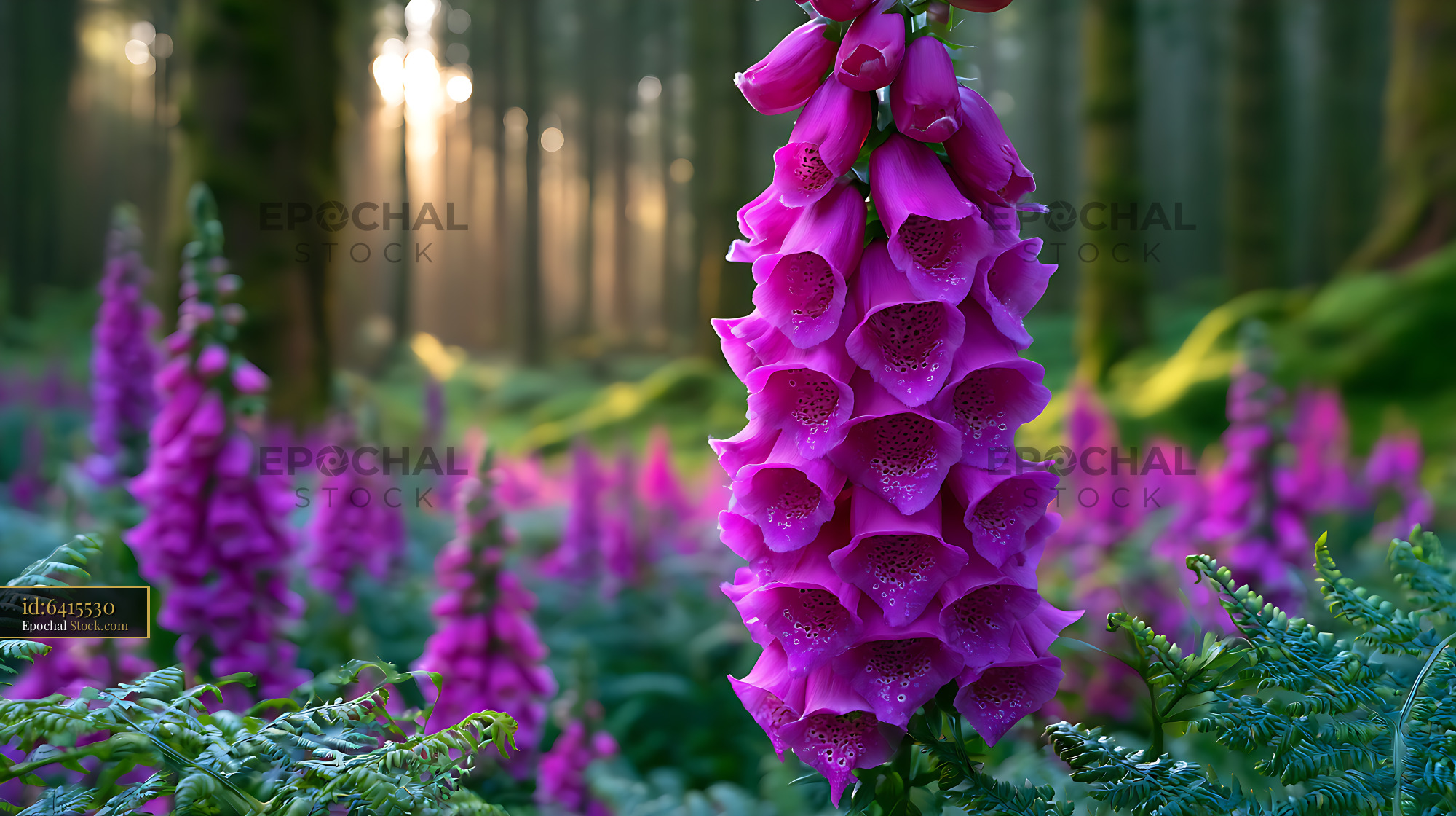 Purple foxglove blooming in a misty Welsh forest clearing at dawn - stock photo