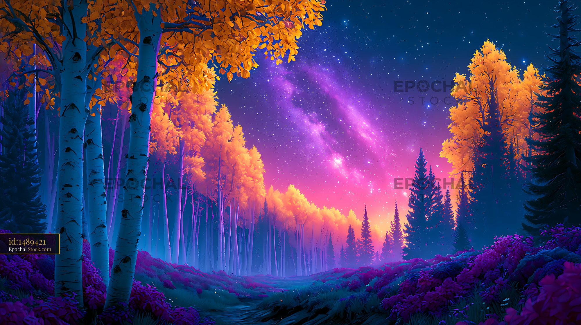 Vibrant galaxy aspen grove autumn landscape under a starry night sky - stock photo
