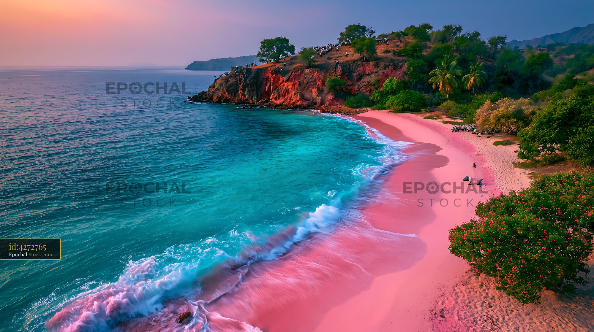 Pink sand beach and turquoise water at Komodo National Park sunset - stock photo