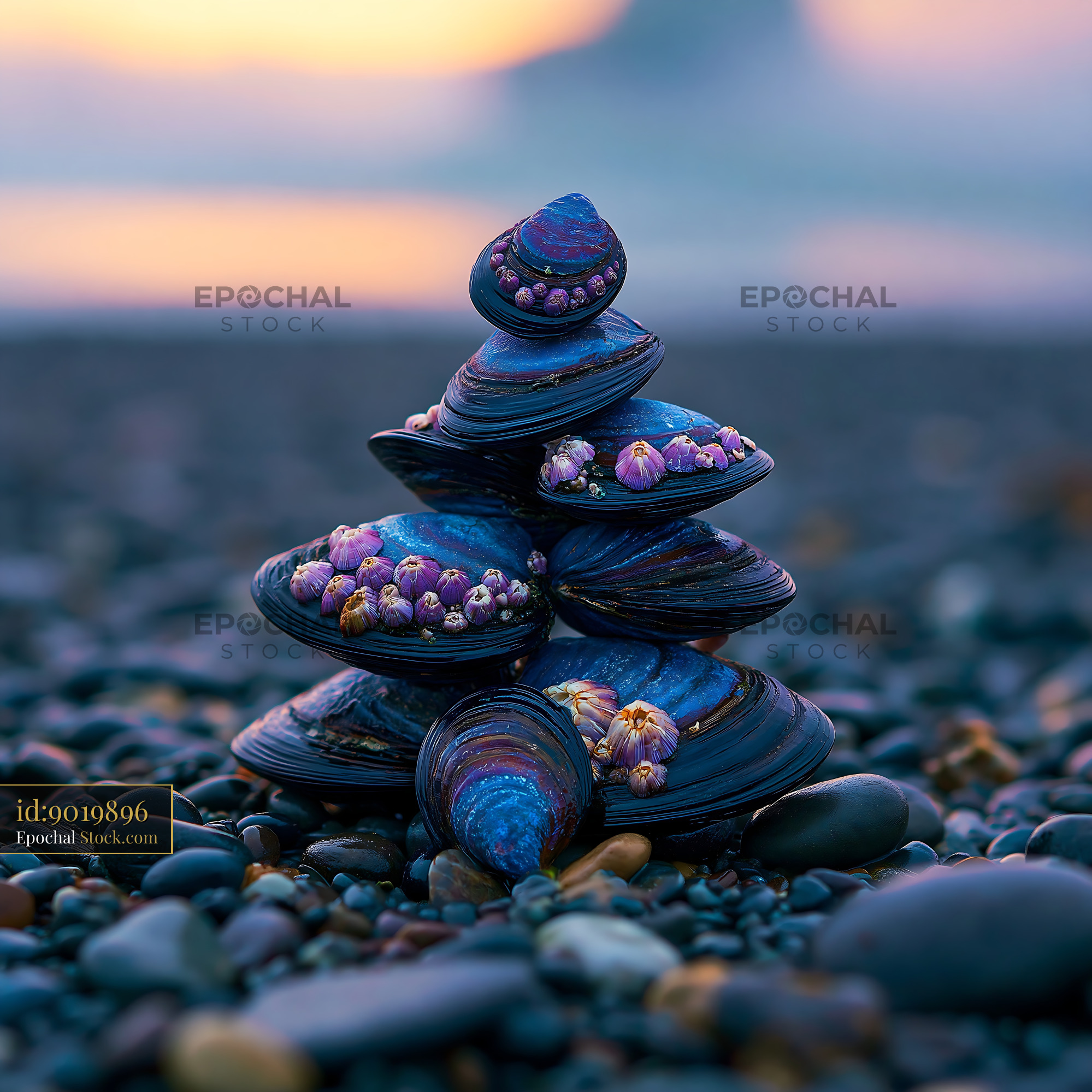 Mussel shell stack balanced on a pebble beach during sunset - stock photo