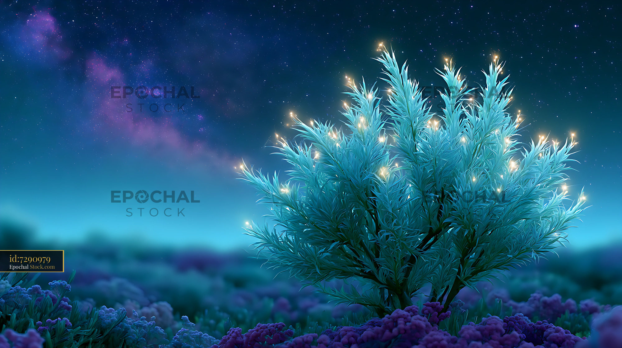 Milky way alpine willow shrub glowing under a vibrant starry night sky - stock photo