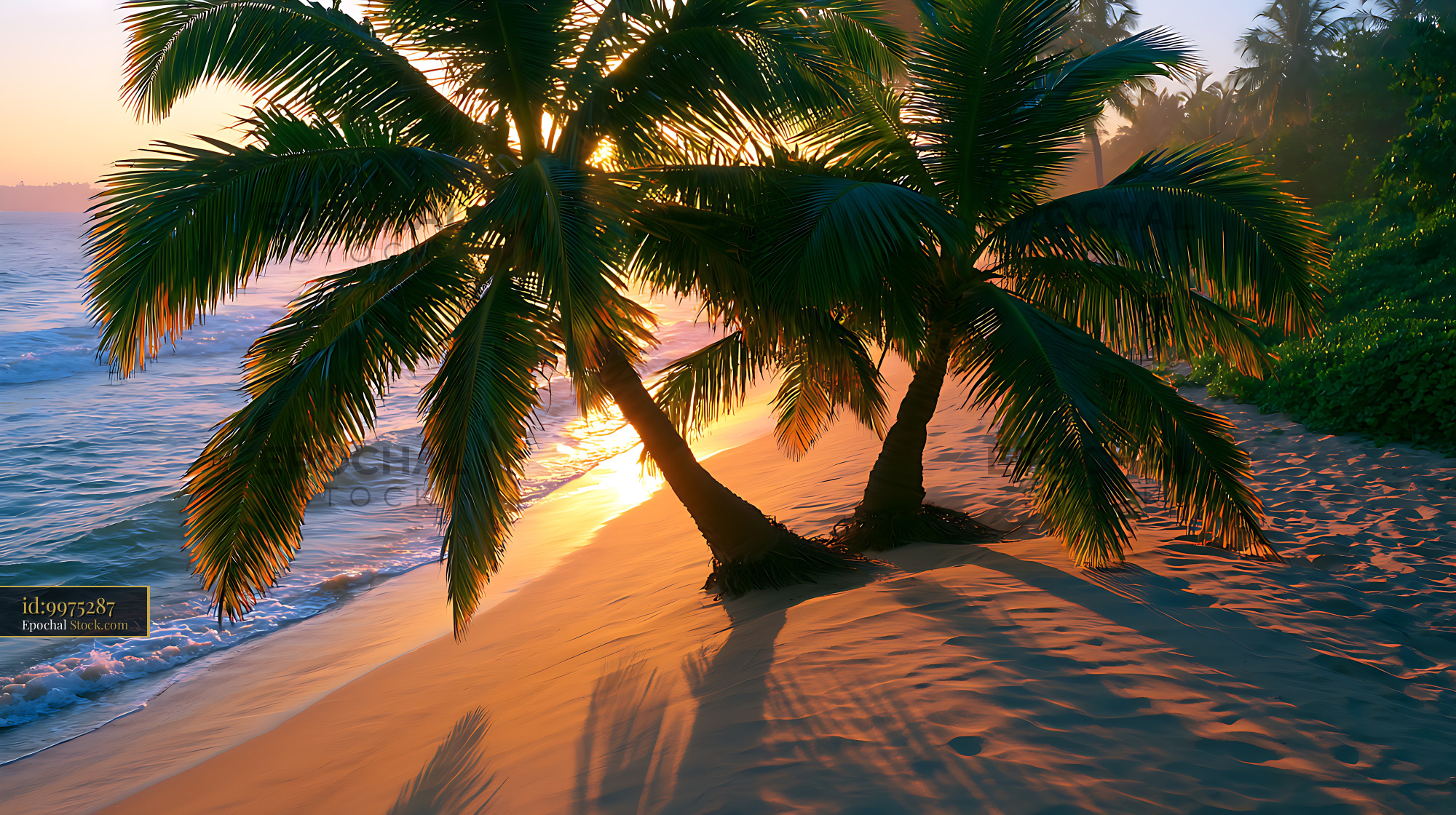 Two palm trees on an empty tropical beach during golden hour - stock photo