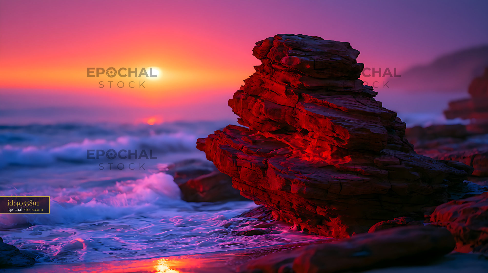 Coastal sandstone rock with a red glow during a vibrant sunset - stock photo