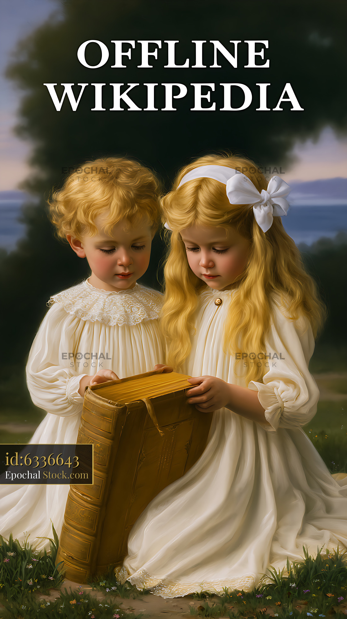 Young blonde boy and girl looking at a large vintage book - stock photo