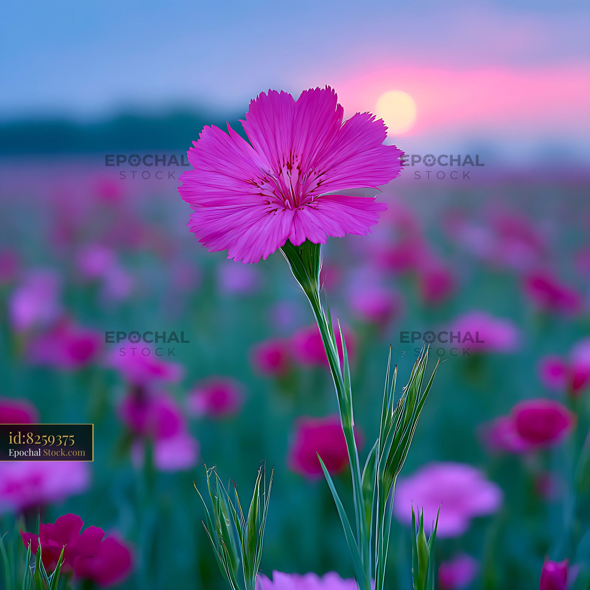 Single pink meadow corncockle flower blooming in a field at sunset - stock photo